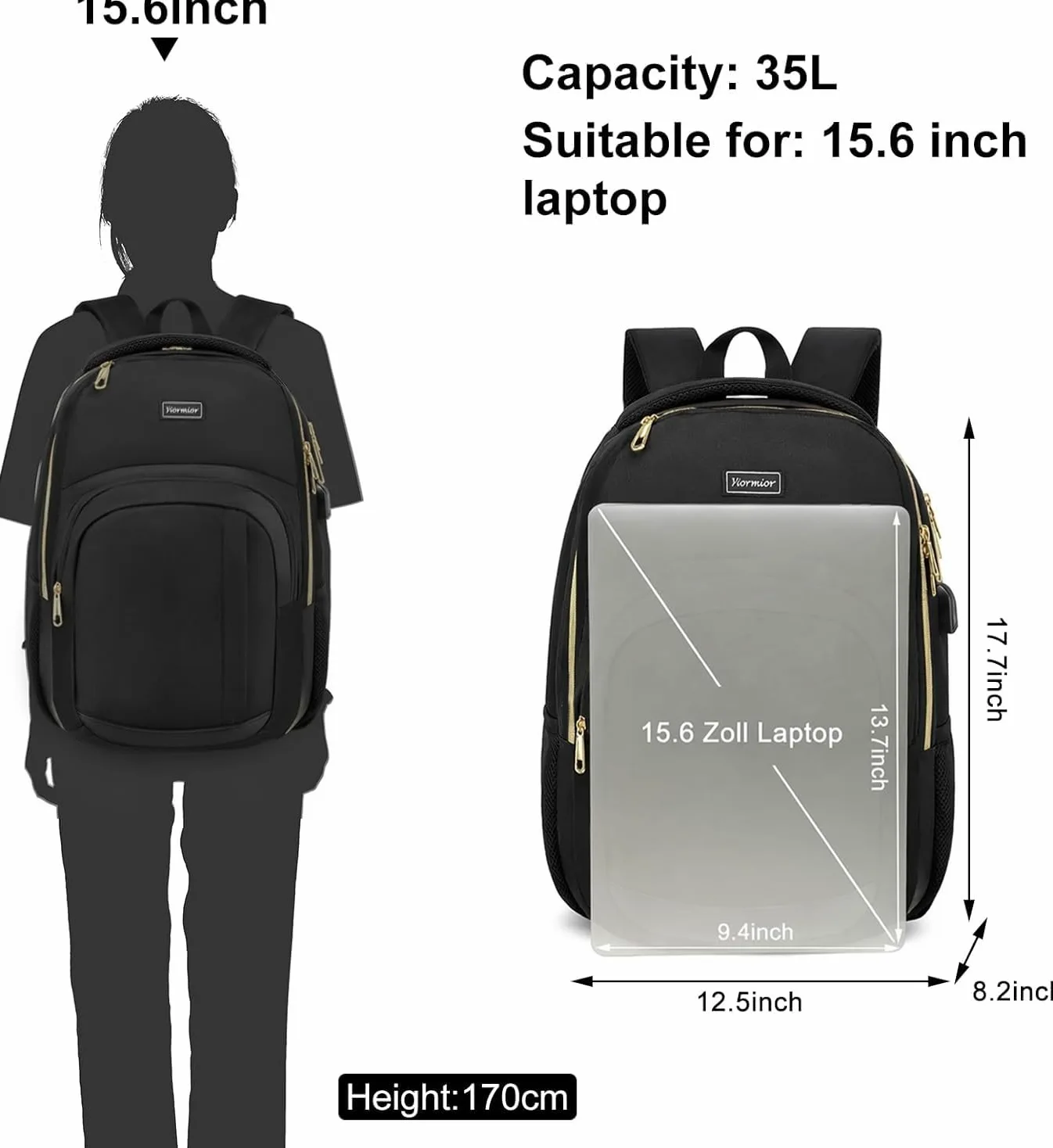 Zaino da scuola per laptop da 15,6", impermeabile, con porta di ricarica USB, oro nero, 15,6 zoll