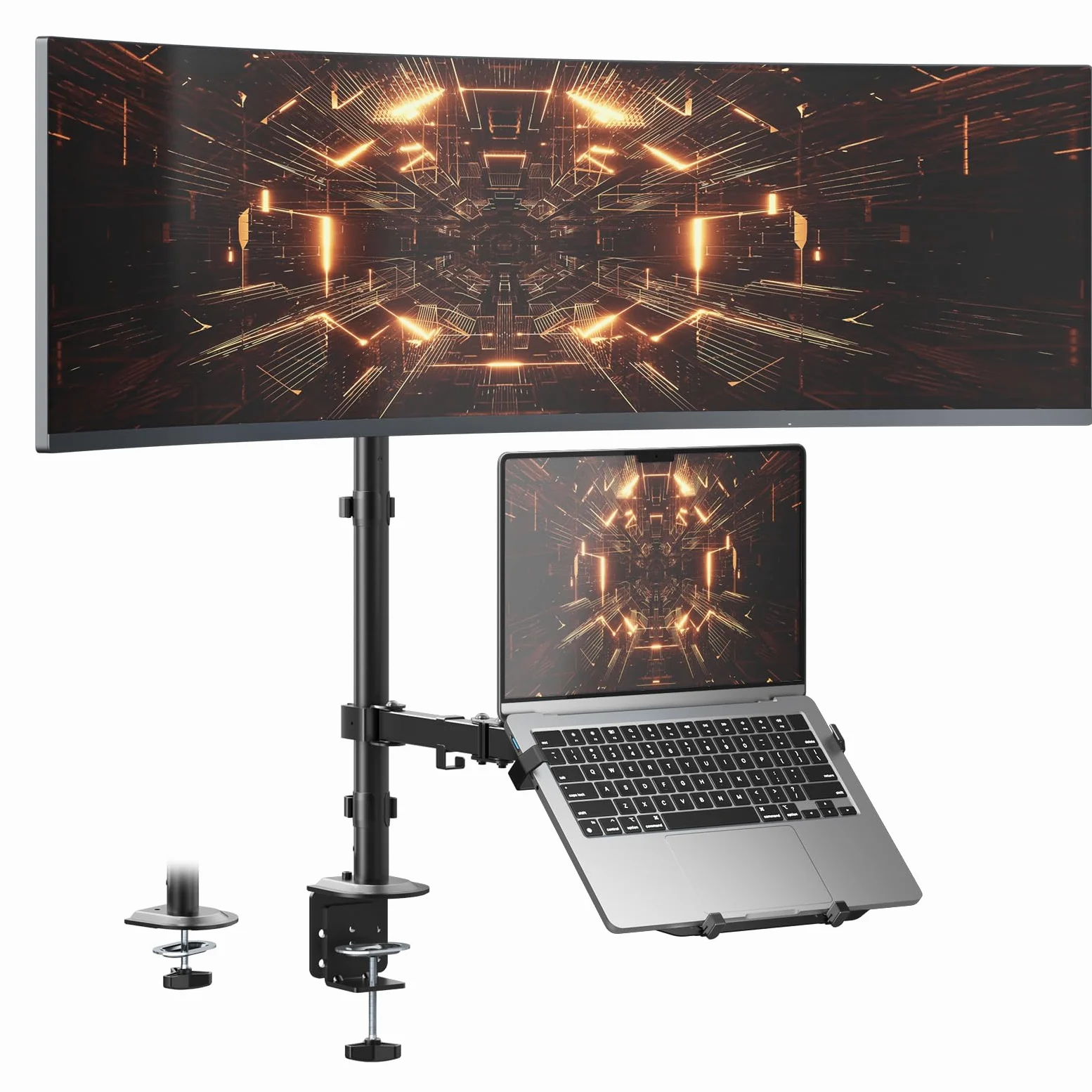 PUTORSEN Supporto per monitor con braccio per laptop per schermi da 17 a 49 pollici e notebook fino a 17 pollici, asta da 81,8 cm regolabile in altezza, braccio per monitor VESA 75/100 mm