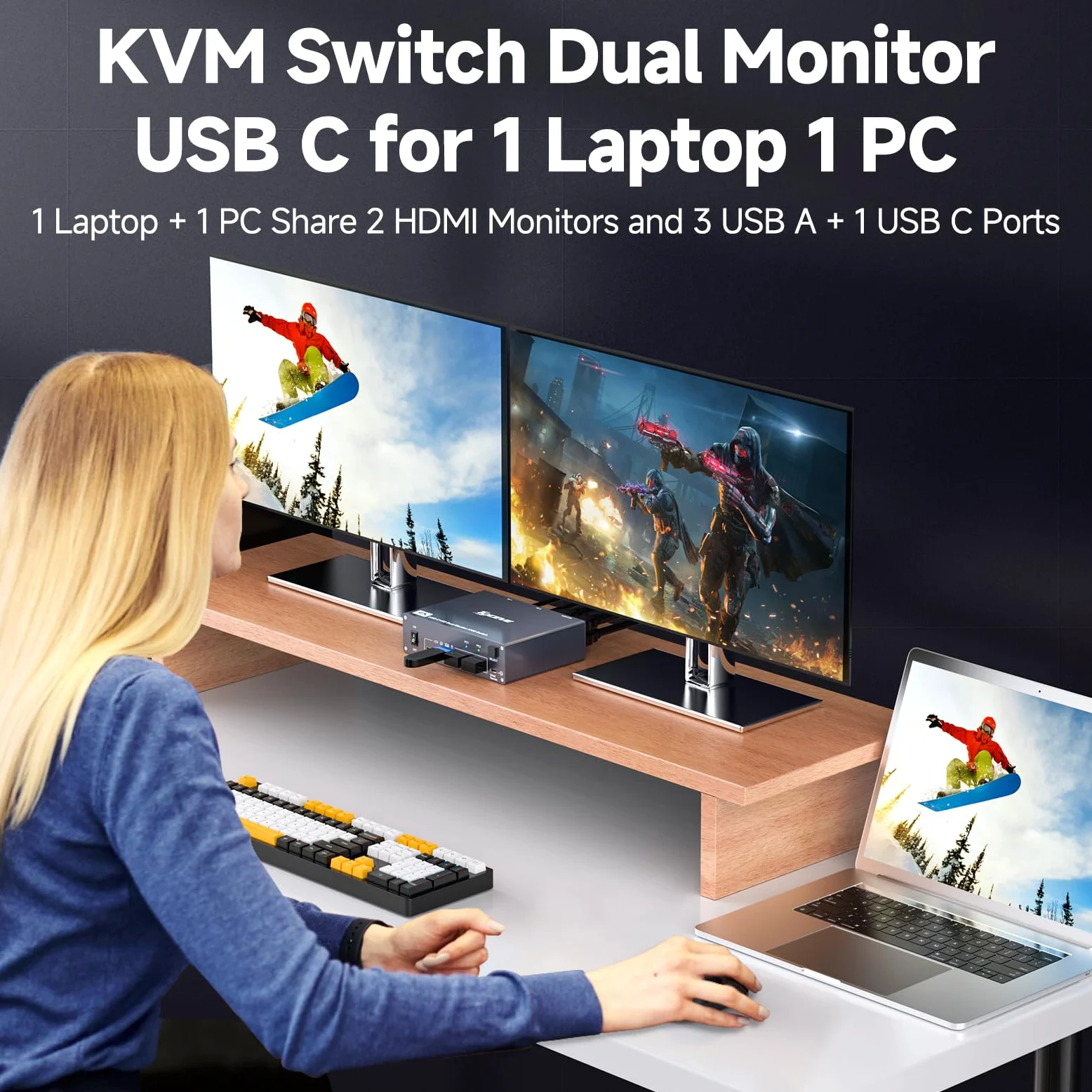 Switch KVM 2 Monitor per 1 Laptop 1 Desktop PC, USB 3.0 KVM Switch 2 PC 2 Monitor USB-C, 4K @ 60 Hz, MST, PD 100 W, Aluminium, Wired Remote(4K USBC HD 2 in 2 out)