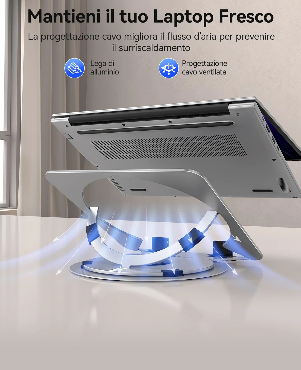 ORICO Supporto PC Portatile Regolabile, Laptop Stand Ventilato con Base Girevole a 360°, Supporto Laptop Ergonomico Pieghevole per Scrivania, Compatibile con Notebook da 10-17" - NS1, Argento