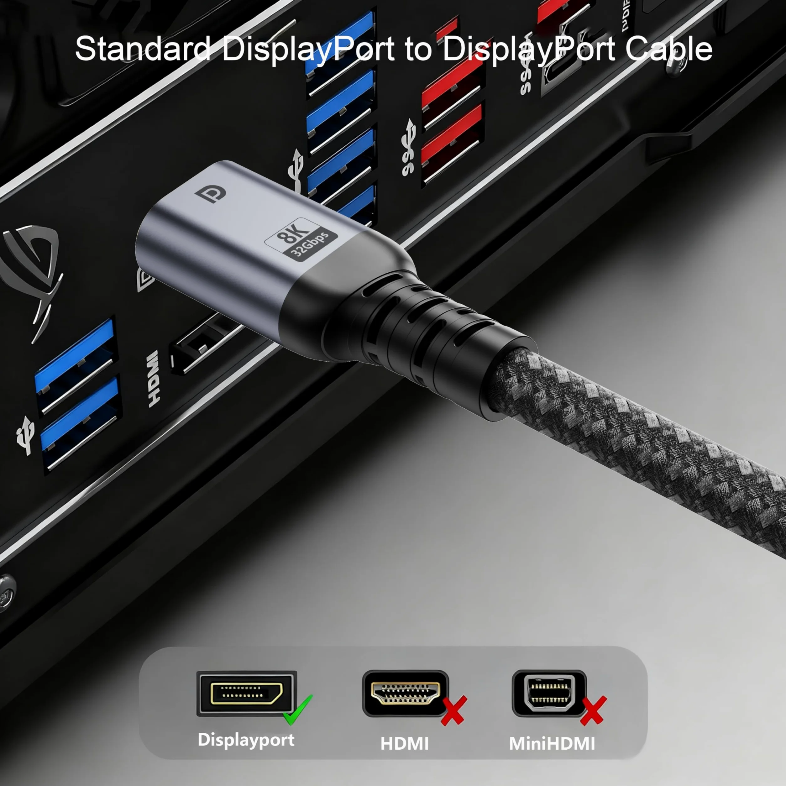 Cavo DisplayPort 1,2 m, 32,4 Gbps HBR3, 8K a 60 Hz, 4K a 144 Hz, 2K a 240 Hz | Cavo lungo DisplayPort 1.4, per PC da gioco, Home Theater, proiettore, sala conferenze e installazioni AV