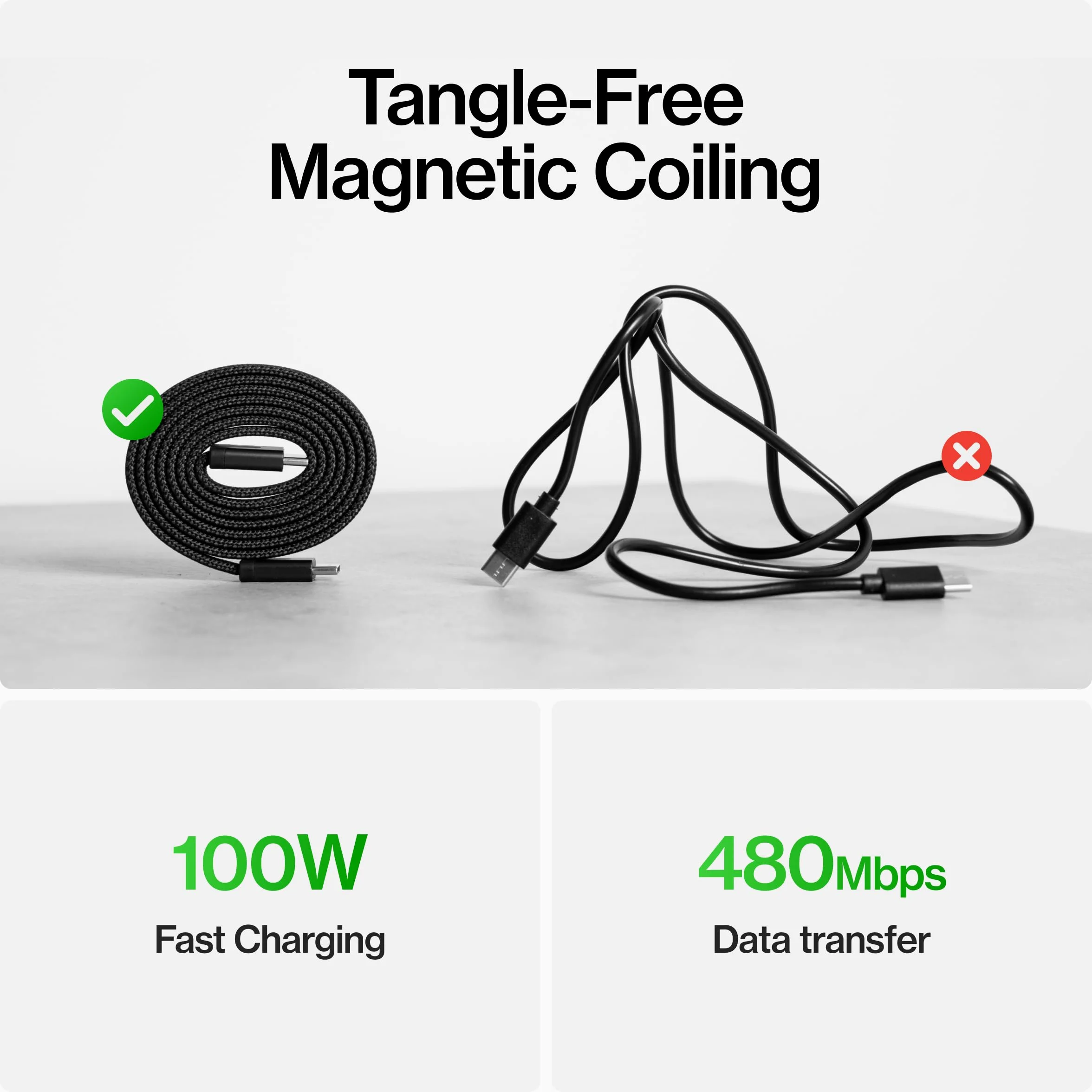 Statik MagStack - Cavo da USB C a USB C, cavo magnetico anti-groviglio piatto di tipo C, cavo di ricarica veloce, cavo di ricarica magnetico, compatibile con iPhone 16 Pro Max, 15, Galaxy S24 Ultra