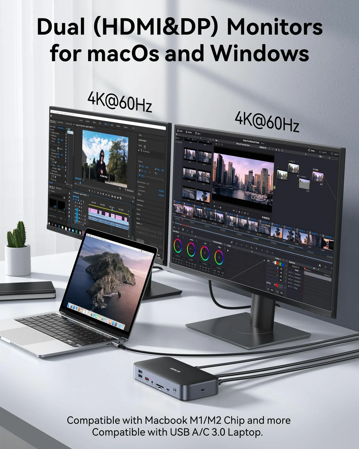 DisplayLink, docking station per MacBook Pro/Air 15 in 1, DisplayLink USB C, docking station per 2 monitor, docking station USB C con 2 HDMI, 2 DP, 2,5 Gbit/s Ethernet, USB 3.1/3.0/2.0, SD/Micro fino