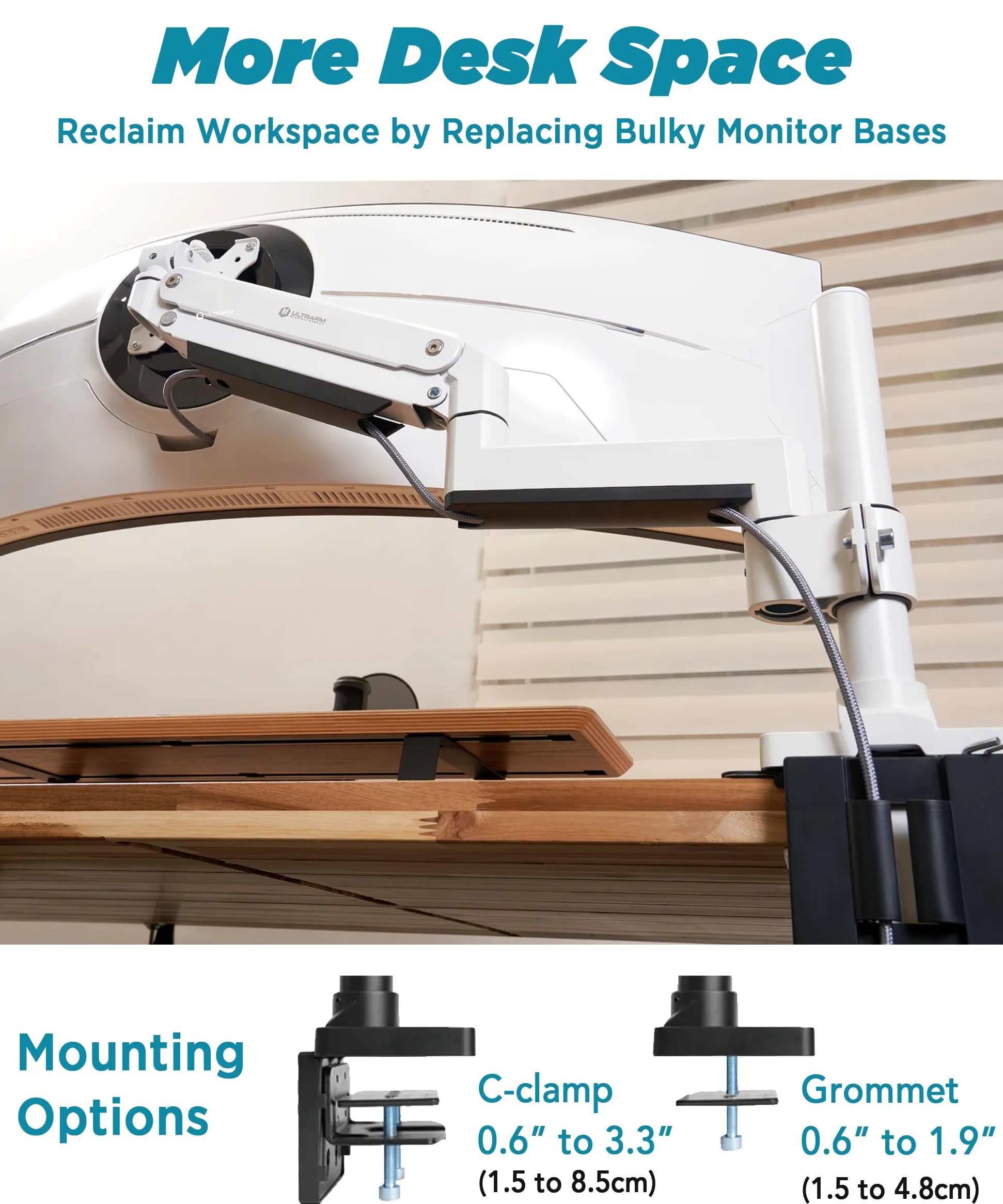 ULTRARM Braccio Heavy Duty per Monitor 57” – Regolabile in Altezza con Molla Pneumatica, Supporto da Scrivania VESA 75x75/100x100, Fino a 20 kg, Bianco, MA20PW-S