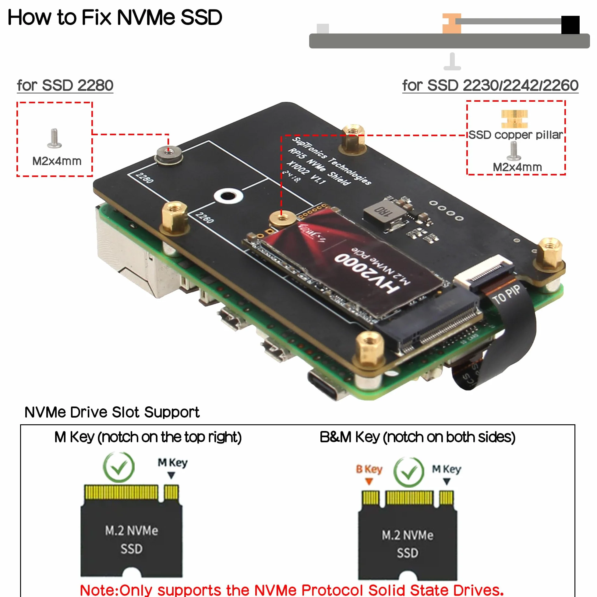 Geekworm X1002 M.2 NVMe SSD PIP PCIe Peripheral Board Bottom Base for Raspberry Pi 5