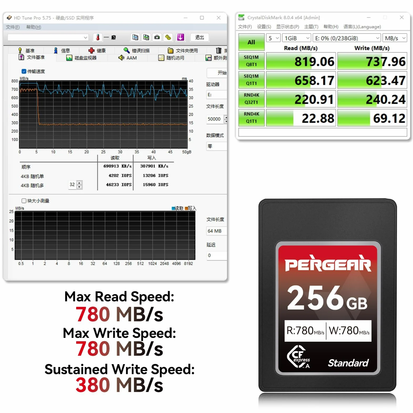 Pergear 256GB CFexpress tipo A da Scheda di Memoria, Velocità di Lettura Fino a 780 MB/s e Velocità di Scrittura 780 MB/s per Registrazione 4K 120P, 8K 30P, (Serie Standard)