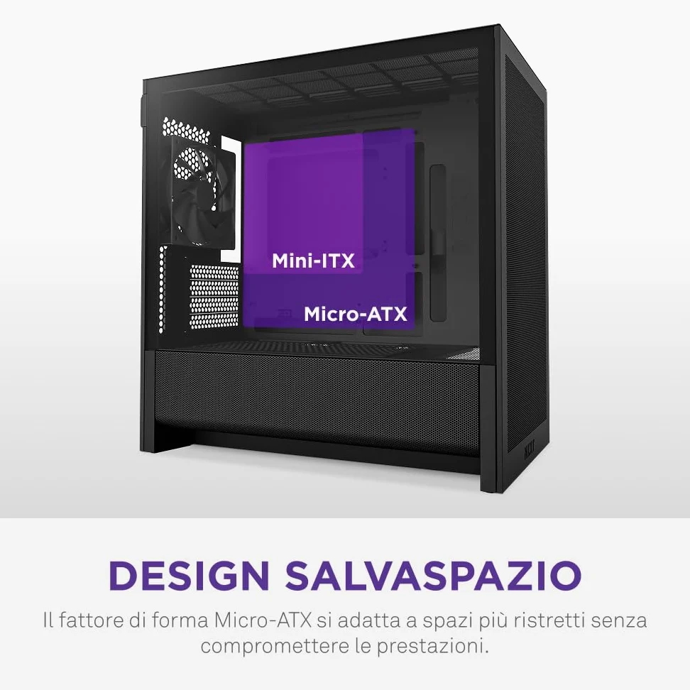 NZXT H3 Flow – Case PC Gaming Micro-ATX – Flusso d'aria ottimizzato – 1 ventola 120mm inclusa – GPU full-size – Radiatore 280mm frontale, 240mm superiore – Scheda madre con conn. posteriore – Nero
