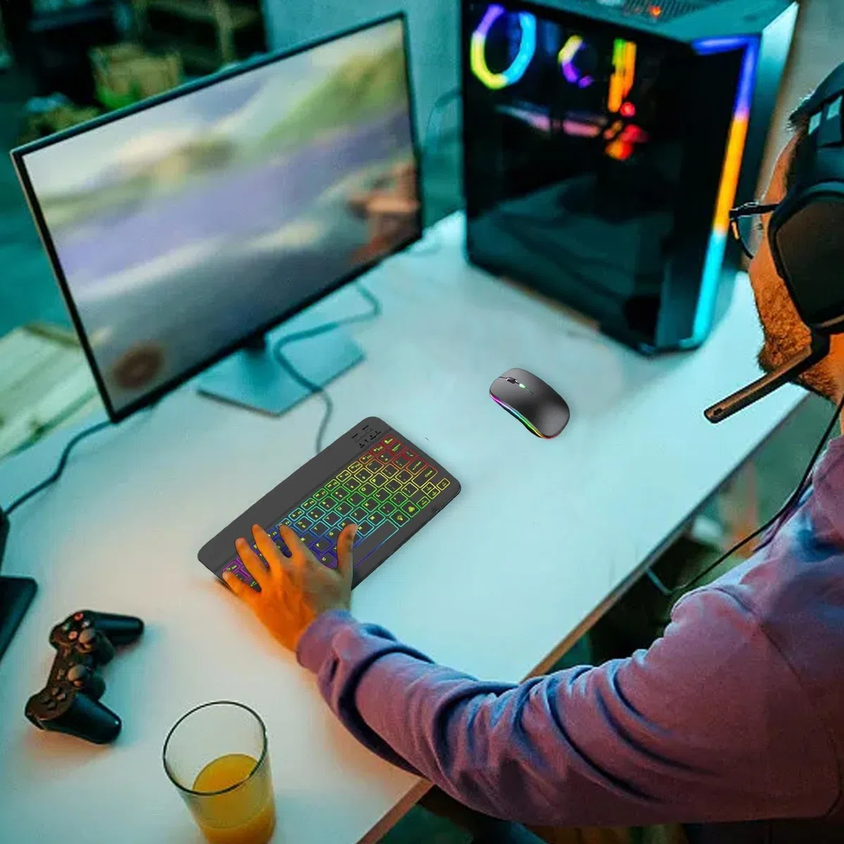 Tastiera wireless e retroilluminazione del - 2 modalità di luce tastiera con set di RGB a 7 colori | Tastiera ergonomica e combo del per laptop, PC e tablet, elegante e funzionale pe