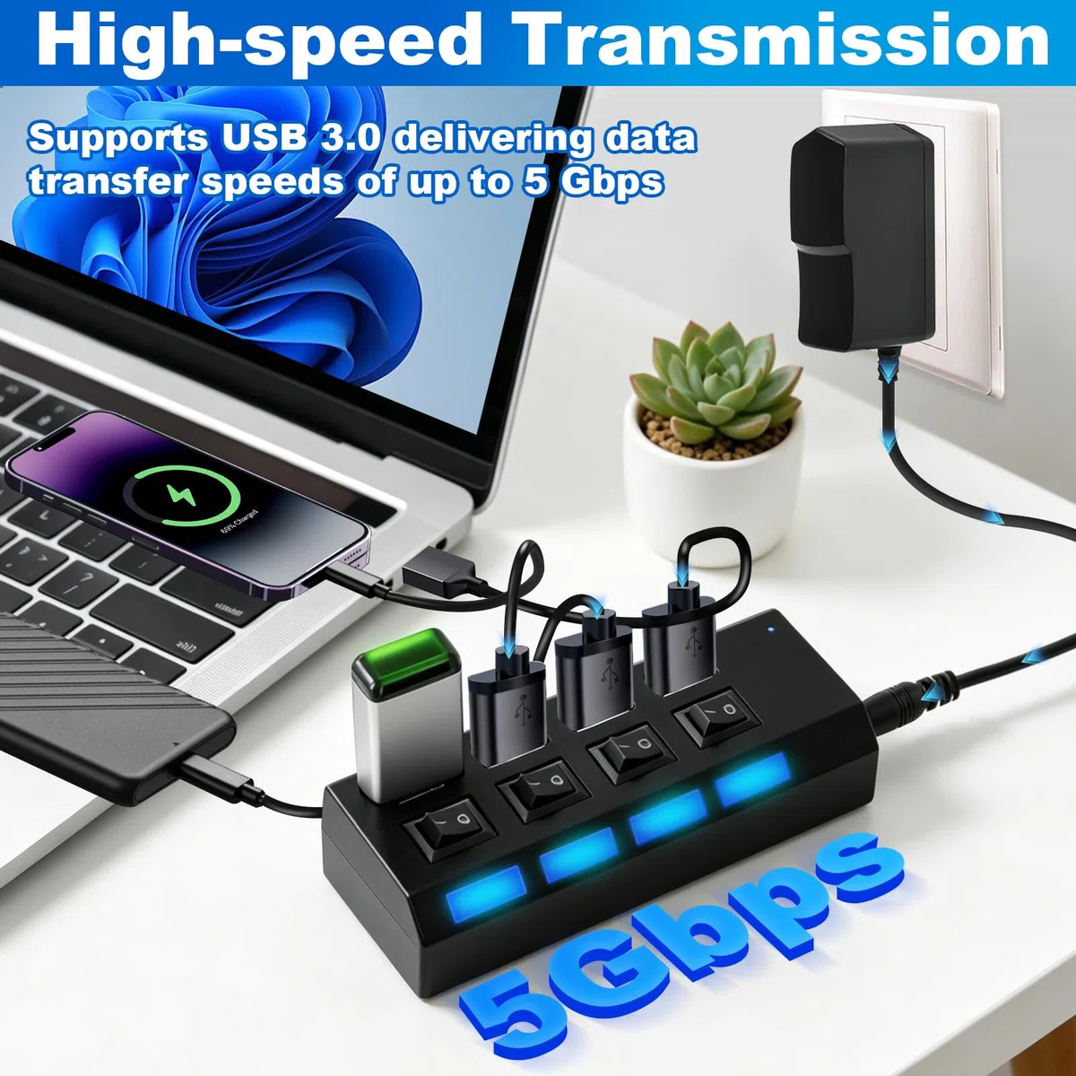 Hub USB 3.0 Alimentato, Hub USB 4 Porte con Interruttore LED Individuali, Splitter USB3.0 con alimentazione 5V 2A