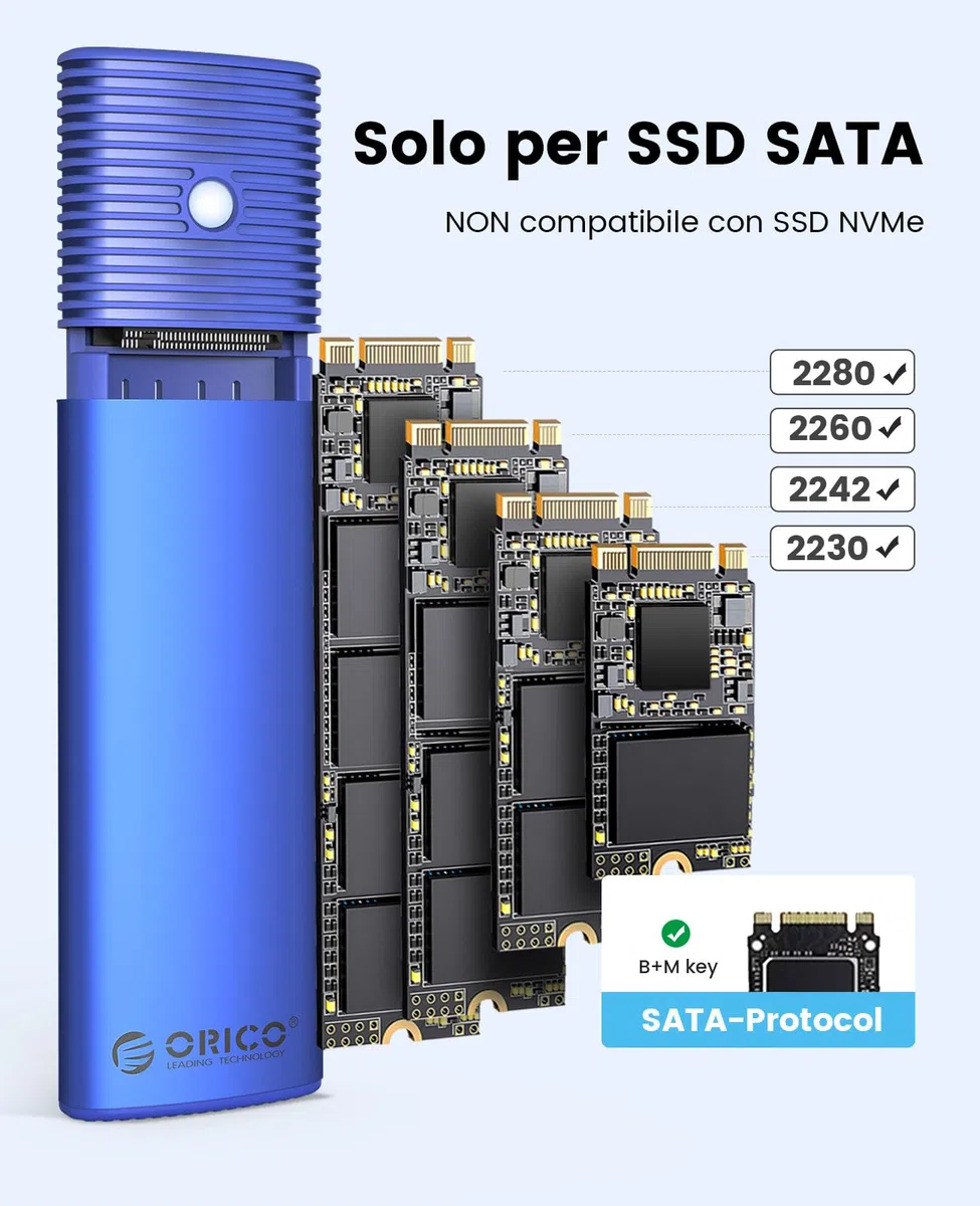 ORICO Case SSD M.2 SATA in Alluminio, Adattatore USB 3.2 USB-C 5Gbps, M2 Enclosure Esterno per SSD da 4TB Basati su SATA B-Key/B+M-Key 2230/2242/2260/2280 (non per NVMe), Senza Attrezzi-PWM2-BL