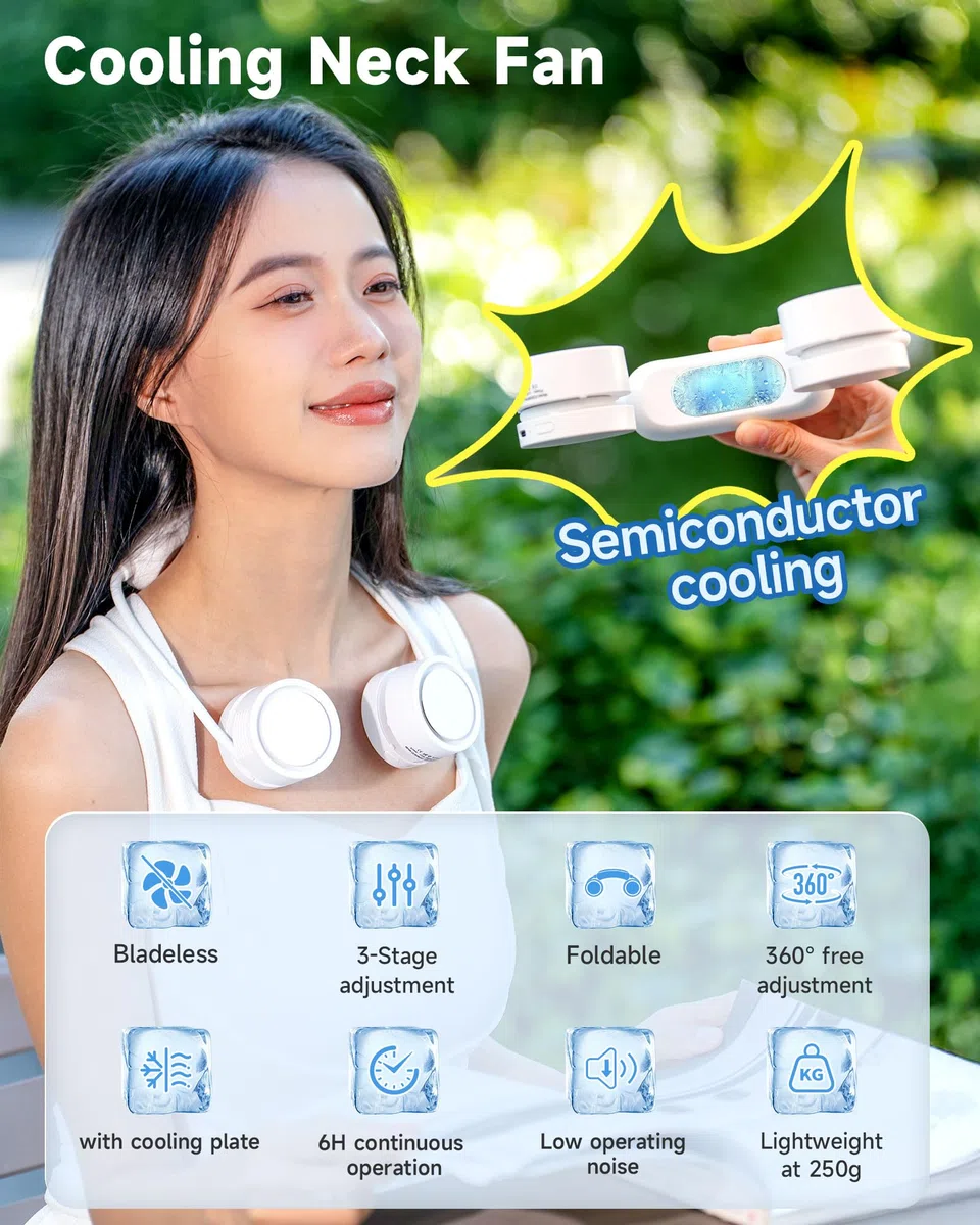 ViSSKO Nuovo 2026 Ventilatore da Collo con Raffreddamento, Supporto Cervicale Personale Senza Mani,3Velocità, Batteria Ricaricabile 1600mAh USB-C,per Lavoro,Viaggi,Sport all'Aperto,Casa Bianco
