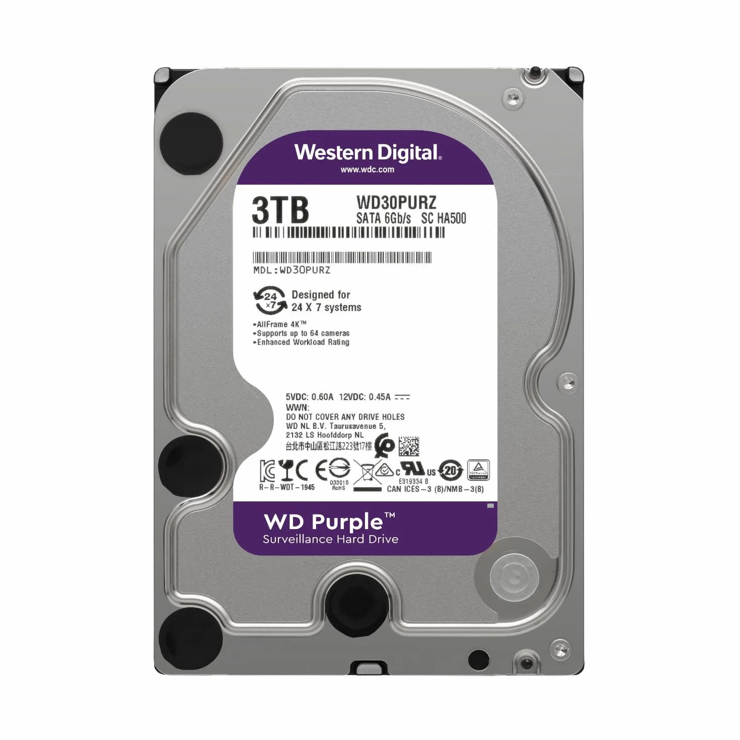 Western Digital WD30PURZ WD Purple Hard Disk per Videosorveglianza con Tecnologia Allframe 4K 3.5 Pollici SATA 6 GB/s 180TB/Anno, 64 MB Cache, 5400 RPM, 3 TB, Grigio
