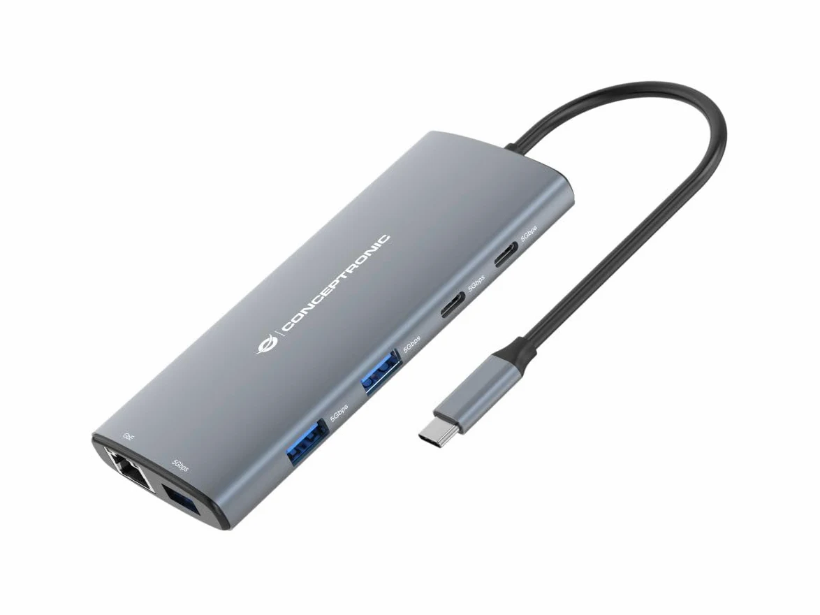 CONCEPTRONIC DONN06G 10 in 1 USB 3.2 Gen 1 Docking Station, HDMI, 100 W USB PD, USB-C 5 Gbps x 2, USB-A 5 Gbps x 3, SD, TF/MicroSD, GbE