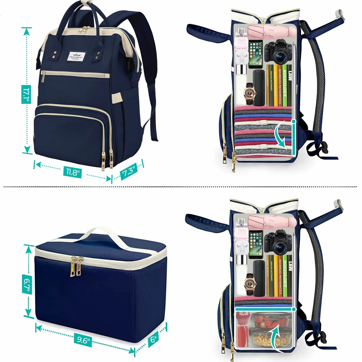 Zaino per il pranzo da uomo, zaino per laptop da 15.6 pollici con porta USB, borsa per laptop per scuola universitaria, insegnante, infermiera, lavoro, viaggi, blu