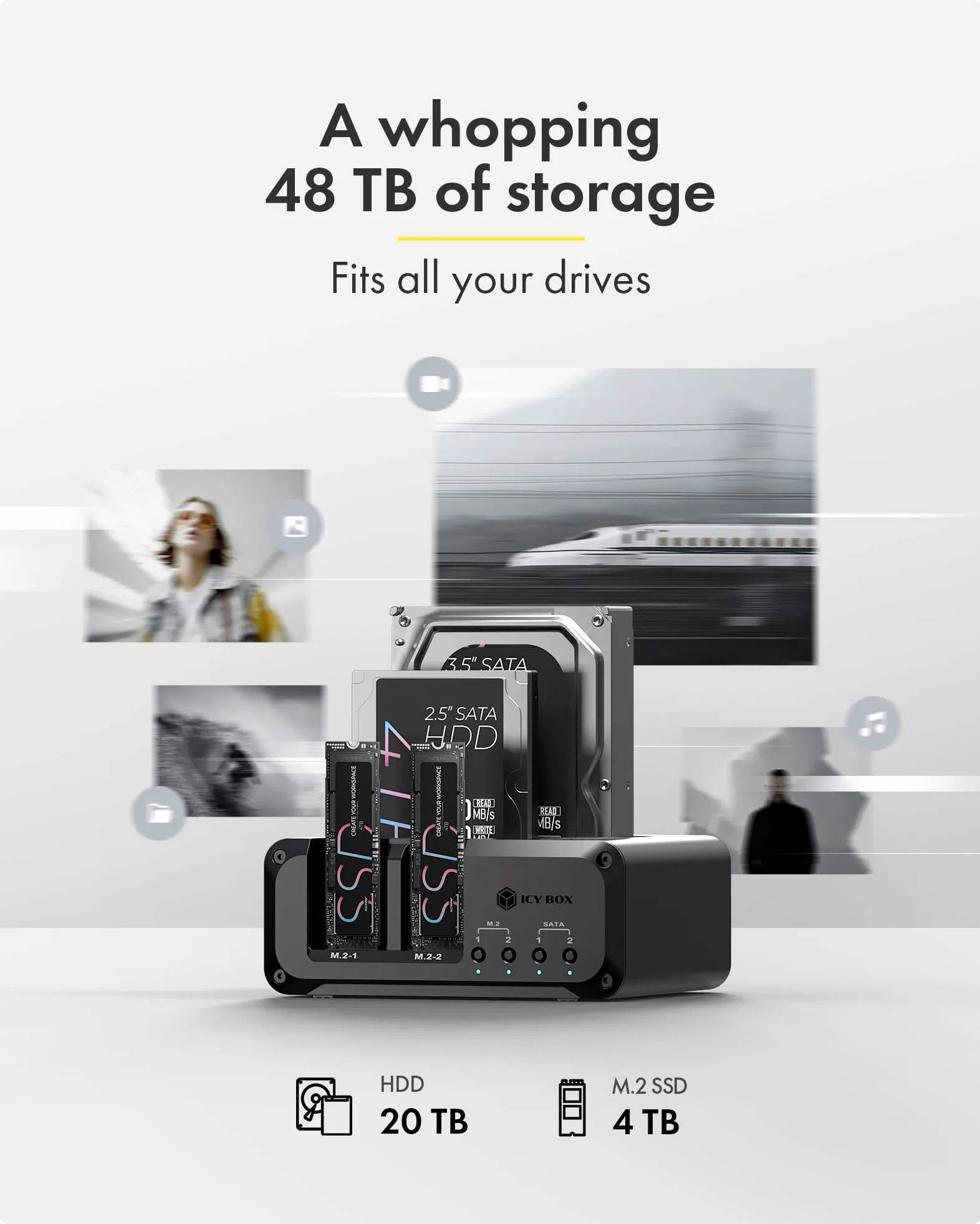 Docking station per dischi rigidi NVMe M.2 e SATA SSD/HDD a 4 alloggiamenti, lettore ICY BOX USB-C 10Gbps NVMe, SATA a M.2 NVMe, docking station per disco rigido 2.5/3.5 fino a 48 TB, interruttori di