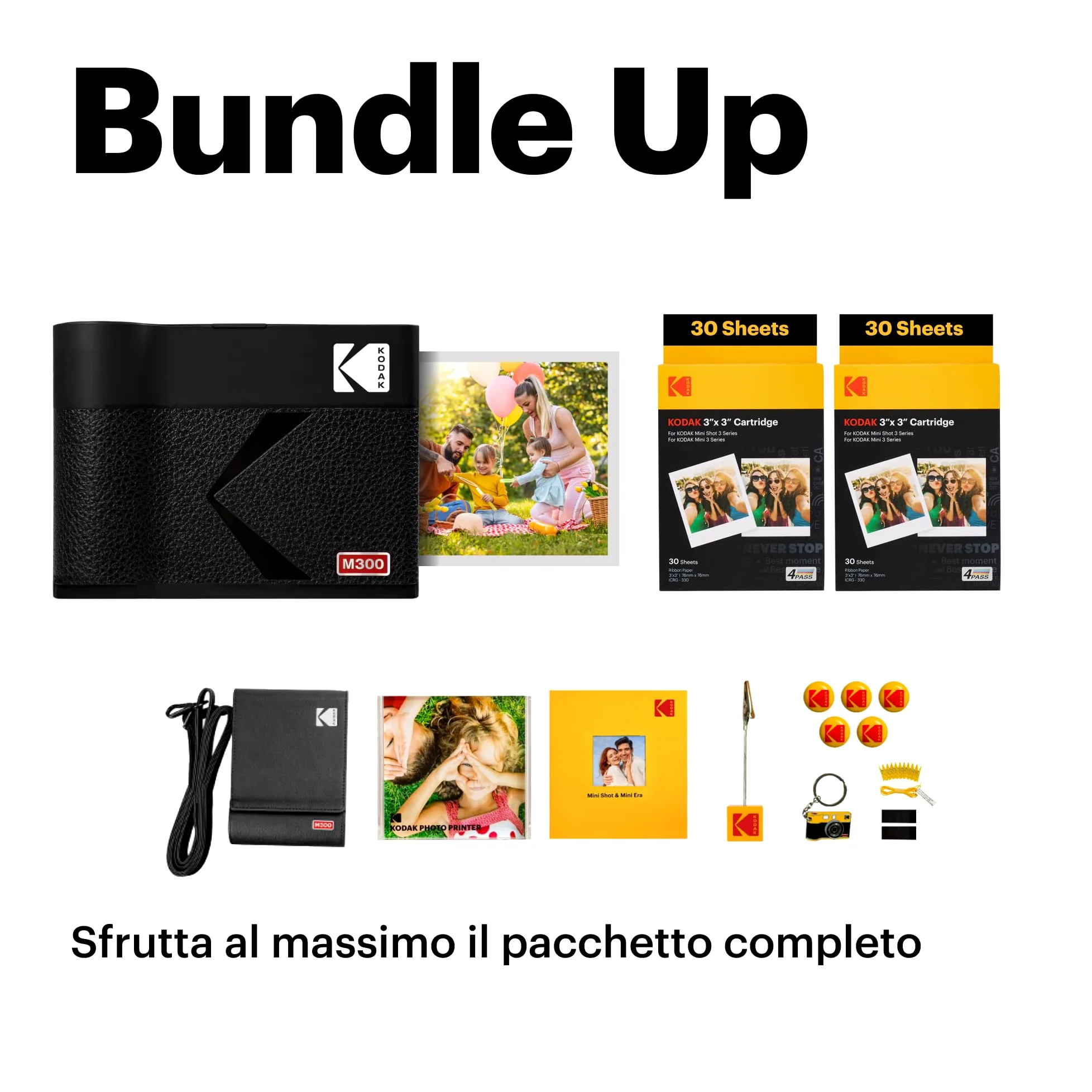 KODAK Mini 3 Era Regalo di Natale 4PASS Stampante Fotografica Portatile (7.6x7.6cm) (Fotografica Portatile + 8 Fogli inclusi + Pacchetto accessori e 60 Fogli, Giallo)