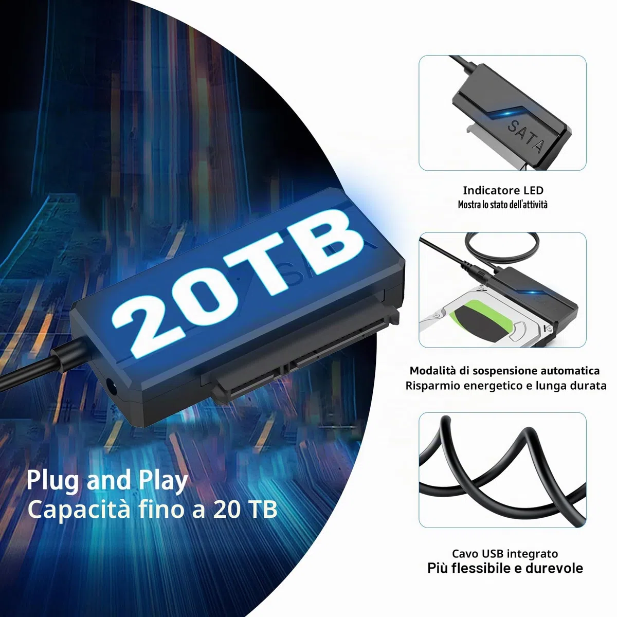 6Gbps Adattatore USB 3.0 a SATA, Convertitore e Esterno USB 3.0 a SATA per Dischi Rigidi HDD/SSD da 2,5“/3,5” e Lettori OtticiSATA Con Alimentatore 12V/2A, UASP, per Windows/MacOS/Linux