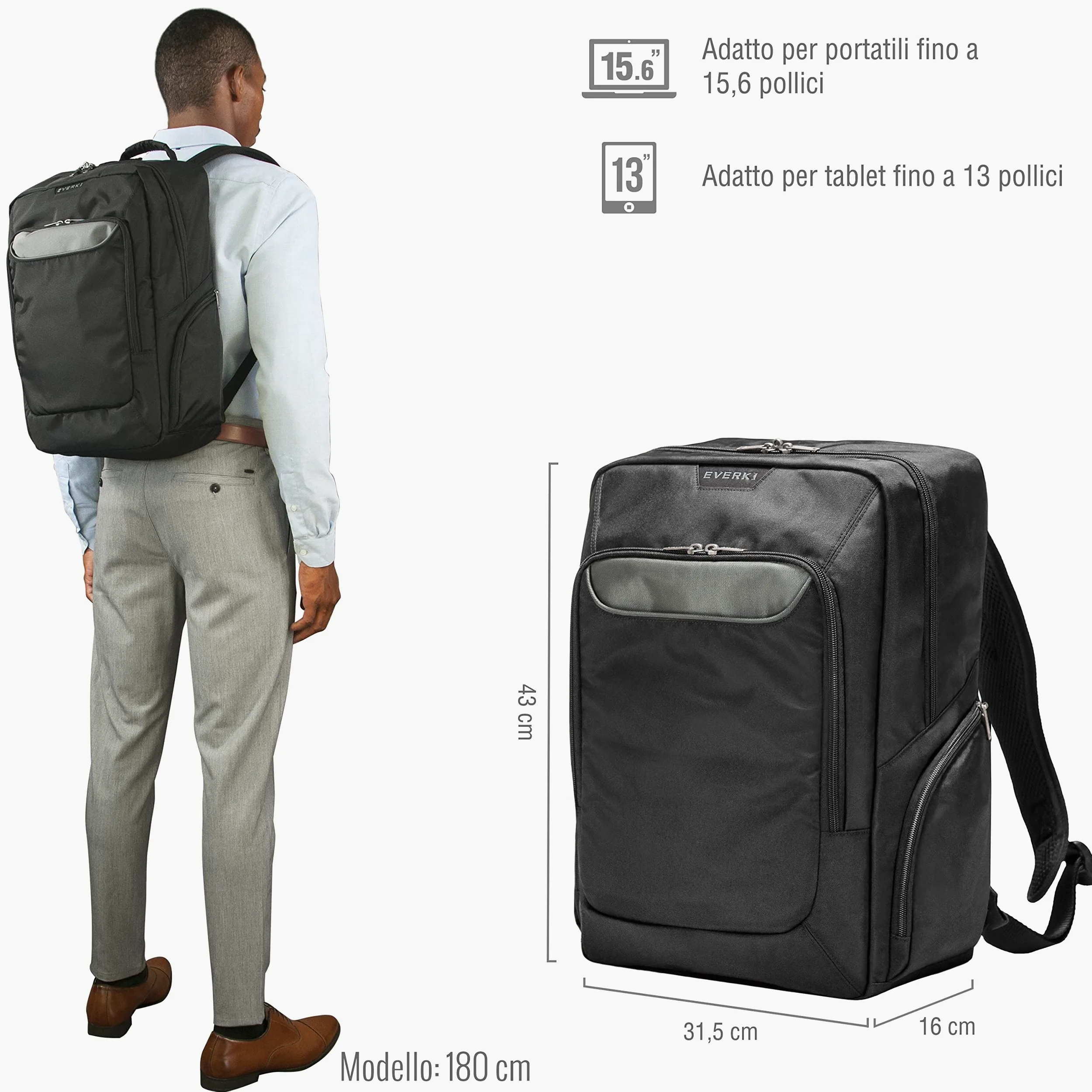 Everki Advance - Zaino per notebook fino a 15.6" con spallacci imbottiti/Scomparto segreto/Trolley/Imbottitura dorsale ergonomica/Cerniere Autorigeneranti / 27 l (EKP107)