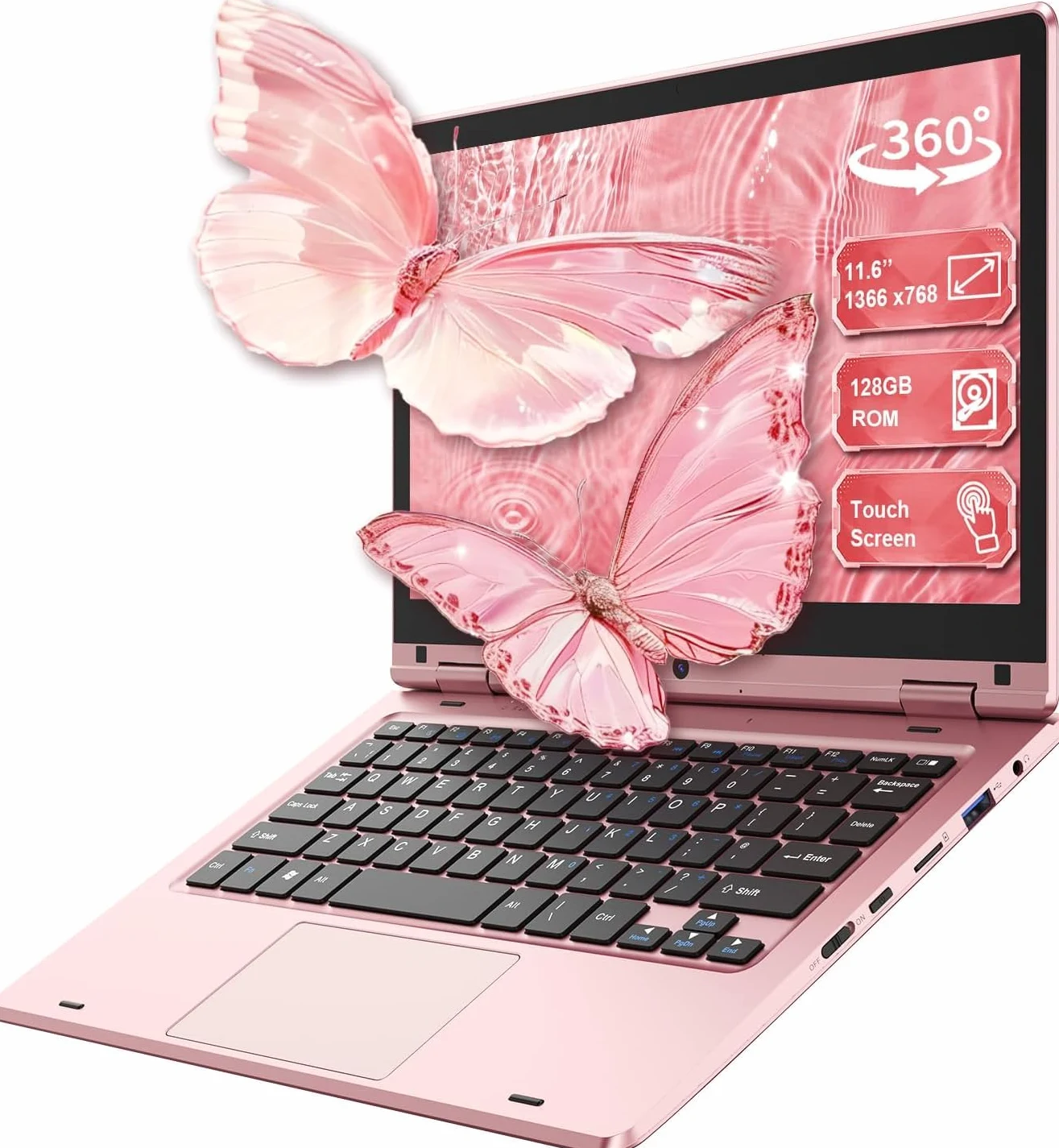PINSTONE 11,6'' Laptop Touch pieghevole a 360°, Laptop Celeron N4020, 6GB RAM 128GB SSD, WiFi (2,4G/5G), Bluetooth, 1366 x 768 IPS, Webcam, PC portatile su misura per i professionisti - Rosa