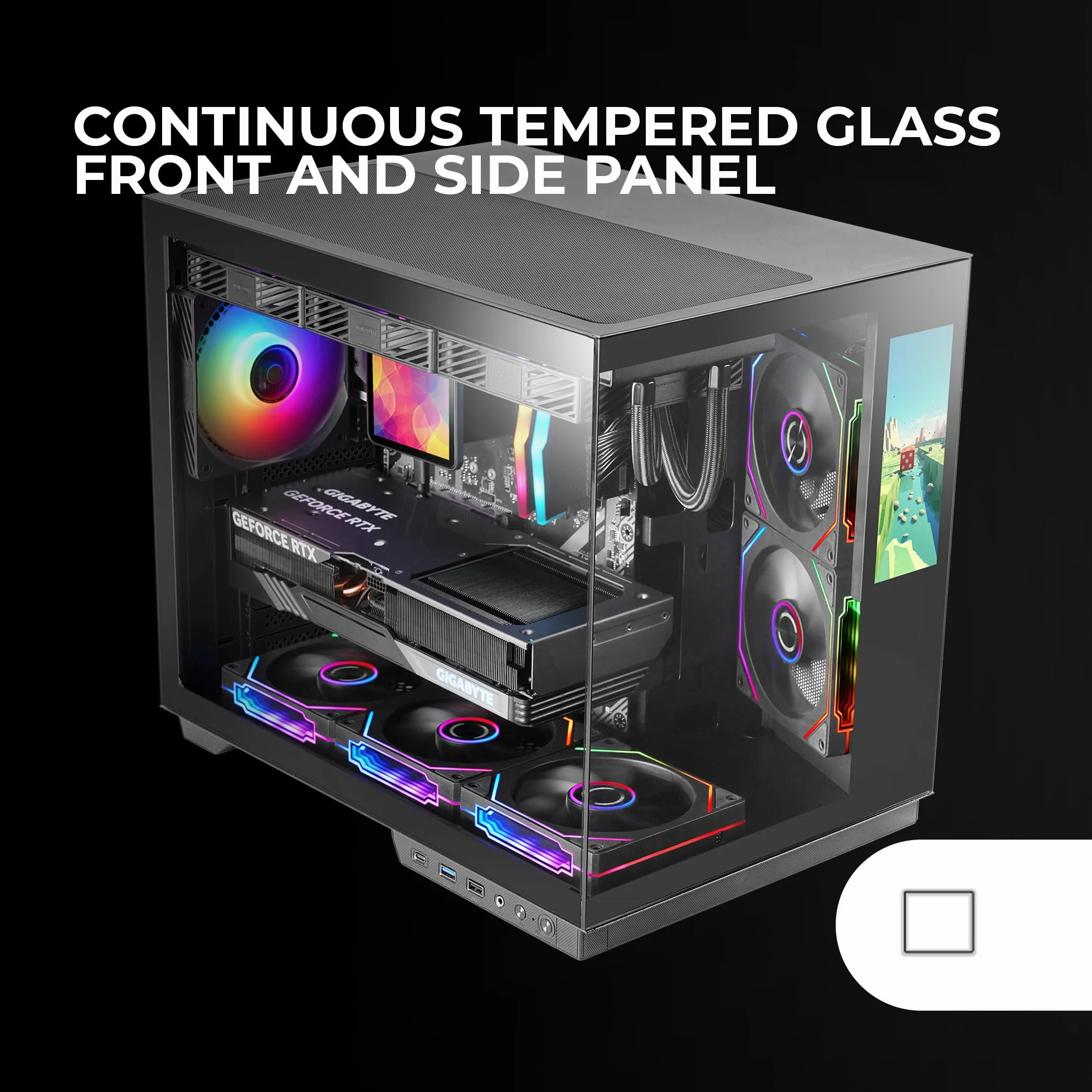 Mars Gaming MC-MIRAGE, Case Gaming ATX, Schermo LCD IPS 7,2” Personalizzabile, Vetro Temperato Continuo Frontale e Laterale, Struttura Doppia Camera, Supporto Raffreddamento Liquido fino 360mm, Nero