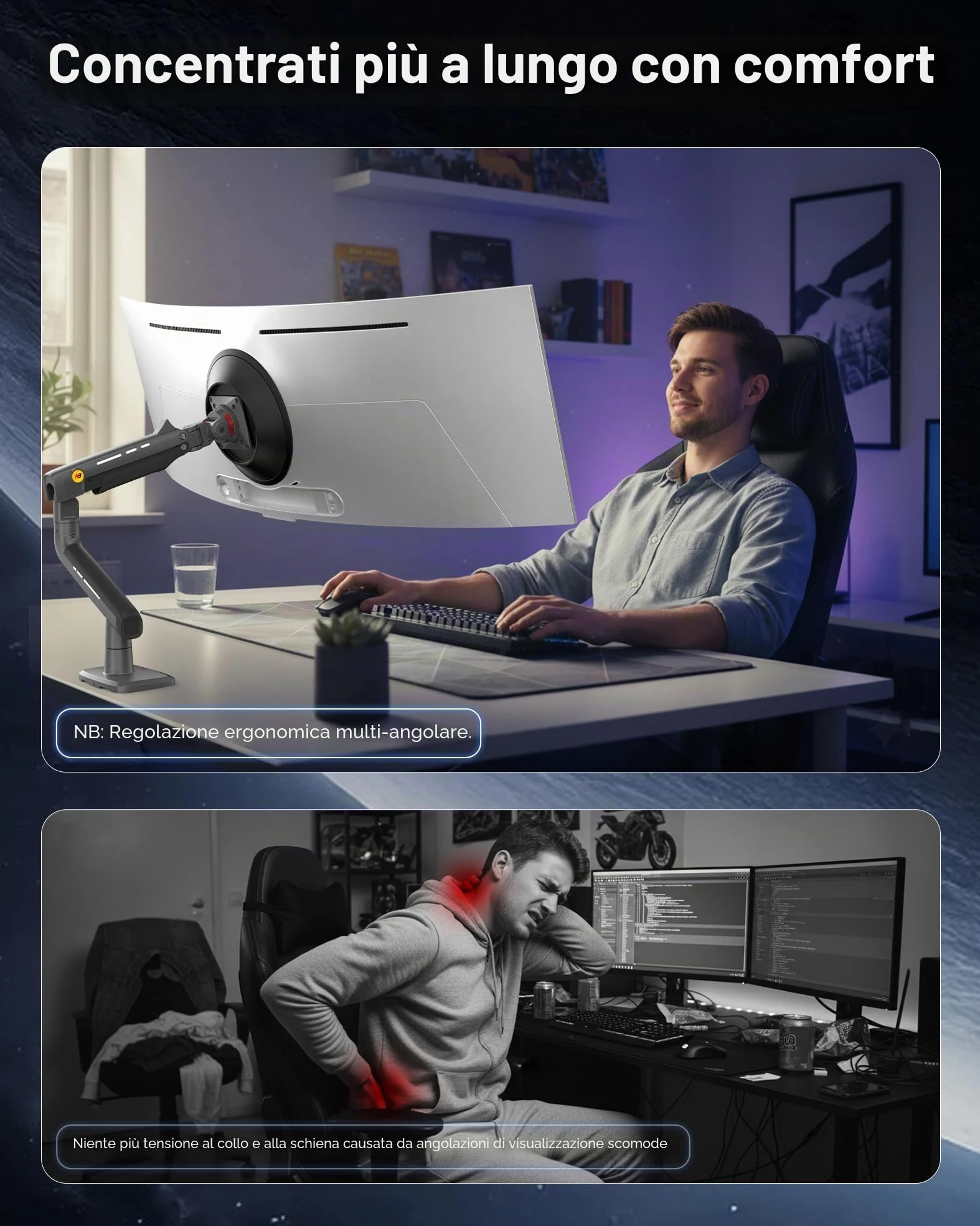 NB Ergonomic Braccio Monitor per da 32 a 60 Pollici Schermo Piatti Ultrawide Curvi, Supporto per Monitor Resistente Carico fino a 20 kg VESA 75&100 mm (Nero)