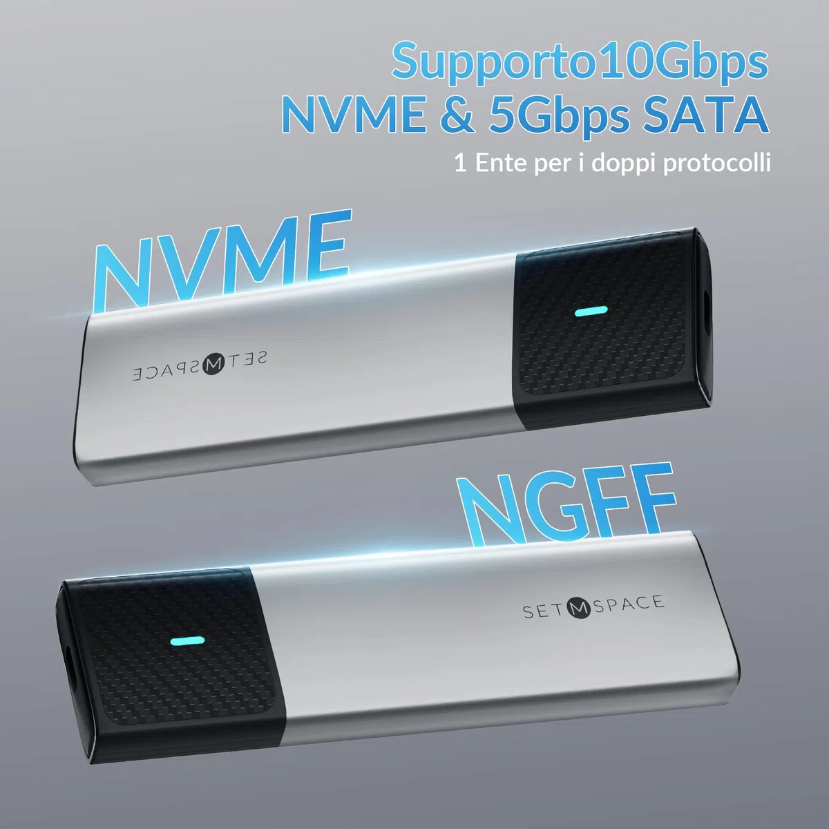 Case SSD M2 [NVME & SATA], Enclosure SSD M2 NVMe USB C 3.1 Gen2 10Gbps, SETMSPACE Adattatore SSD M2 NVMe USB Compatibile con 2230/2242/2260/2280 M.2 NVME+NGFF SSD, Senza attrezzi