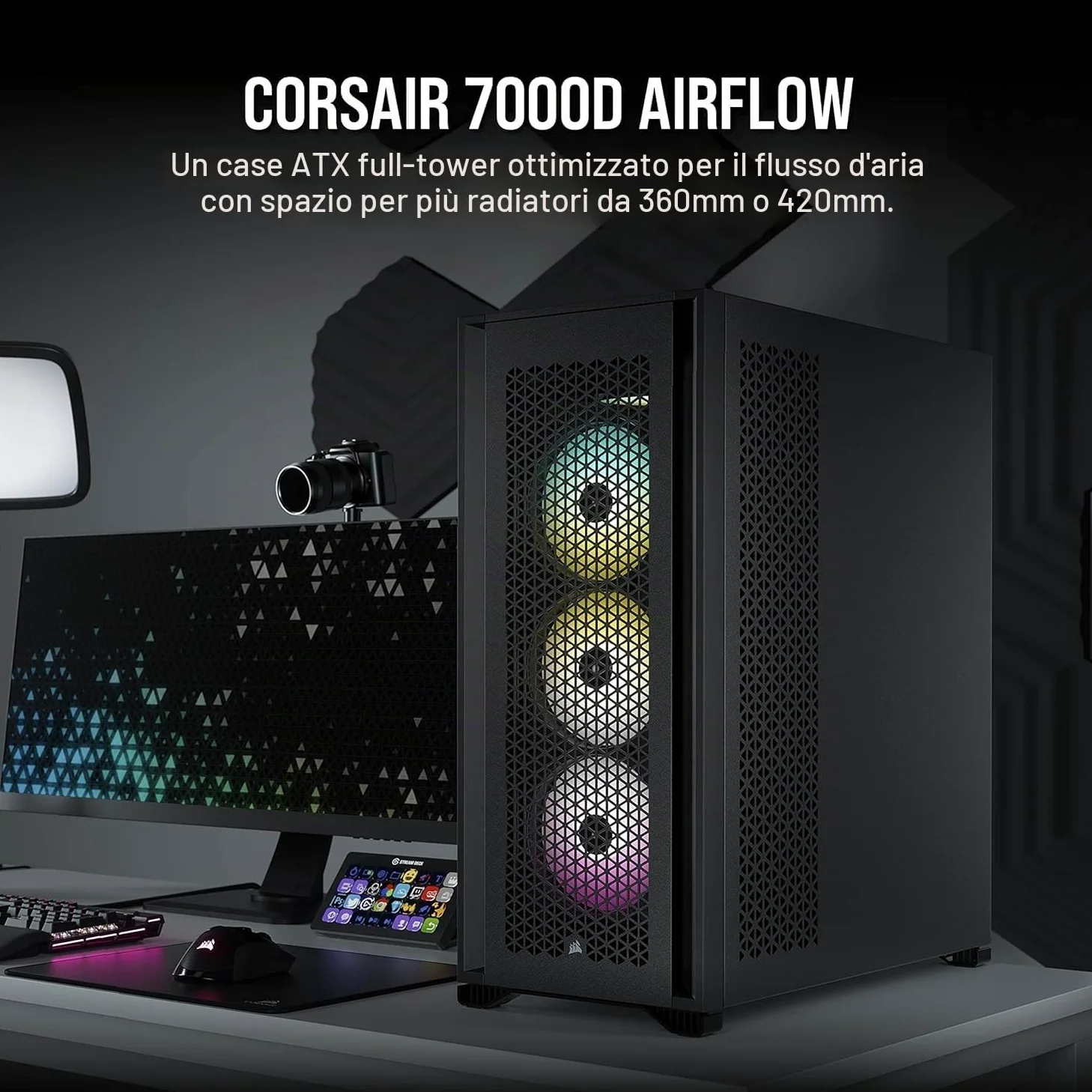 Corsair 7000D AIRFLOW Case per PC ATX Full-Tower (Pannello Anteriore a Flusso d'aria Elevato, Tre Ventole da 140 mm con Ripetitore PWM Incluse, Generoso Spazio Interno), Nero