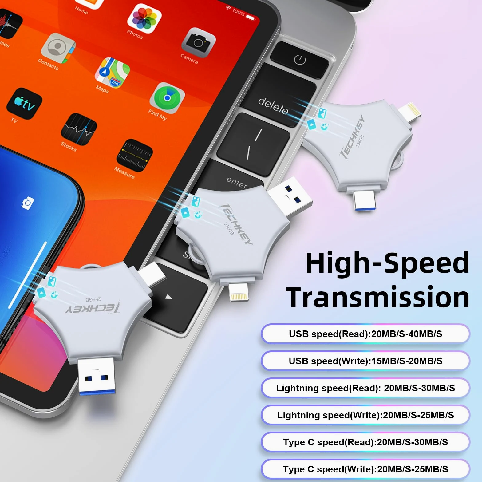 Chiavetta USB 3.0 certificata MFi da 256 GB per iPhone, memoria esterna 3 in 1, per foto, video, salvataggio dati, backup, ad alta velocità, per iPhone/iPad/Android/PC