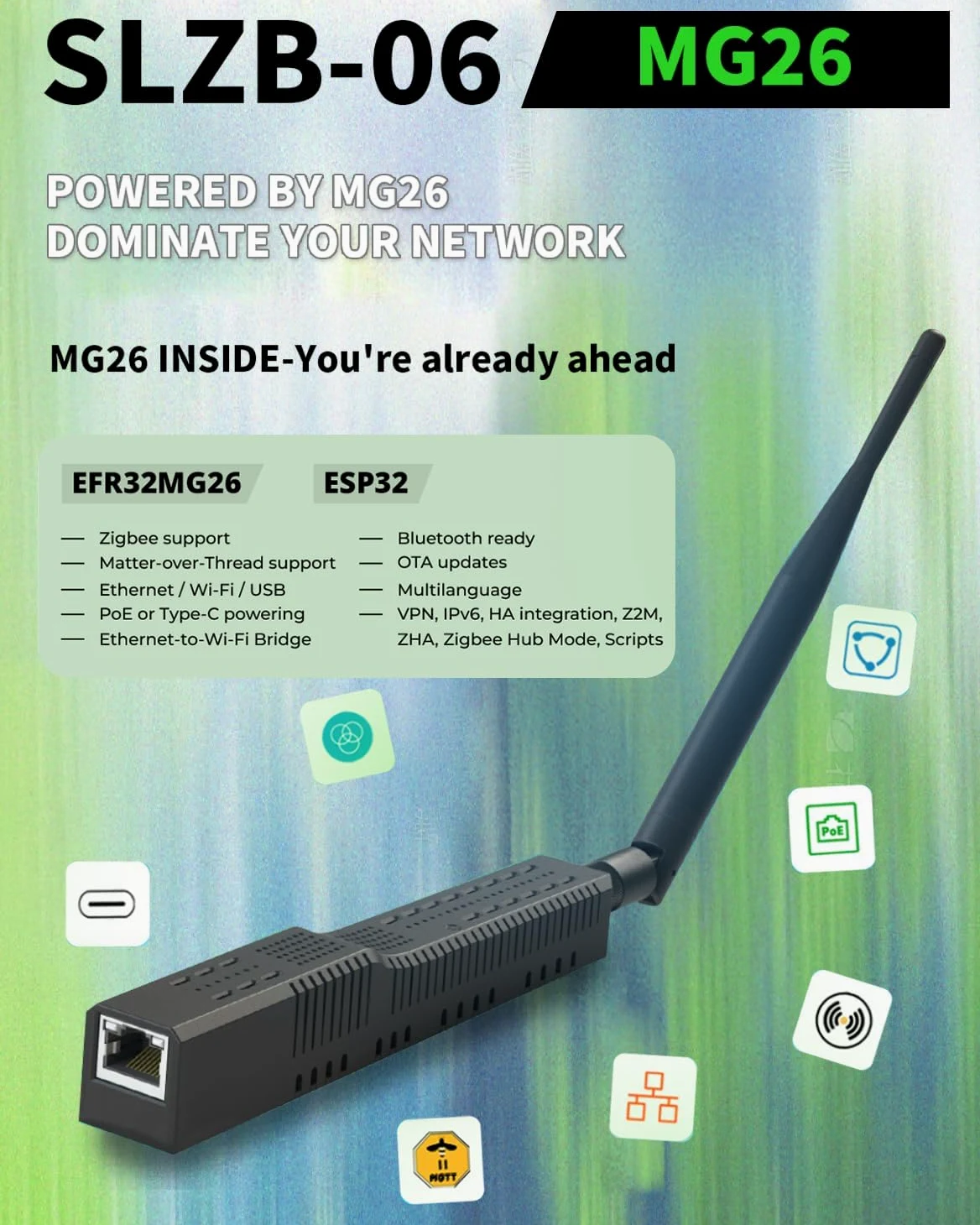 SMLIGHT SLZB-06 MG26U (modello 2026) Zigbee 3.0 a Ethernet, USB e coordinatore gateway WiFi con PoE, gateway universale per assistente domestico/Zigbee2MQTT/ZHA, adattatore USB wireless Zigbee 3.0