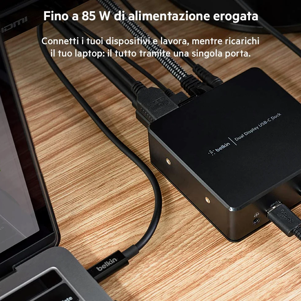 Belkin Station d'accueil USB-C à double écran (alimentation 85 W, HDMI, USB-A 3.1 Gen 1, Gigabit Ethernet, entrée/sortie audio pour MacBook, XPS et autres ordinateurs portables), noire