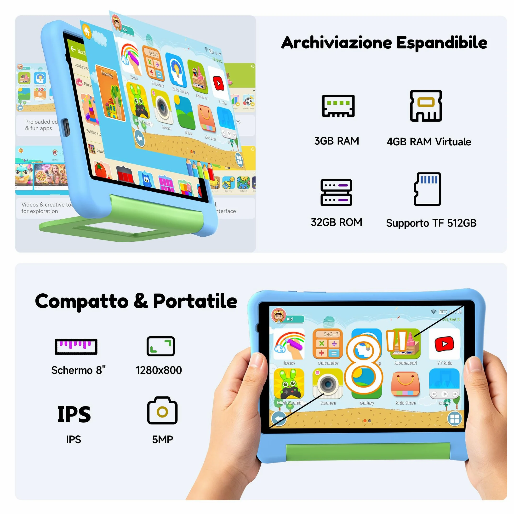 ALLDOCUBE Kido Tablet Per Bambini 8 Pollici, Android 15 Go, 32GB ROM, Blu | Controllo Parentale, iWaWa preinstallato, 512GB TF, Unisoc T310, 5000mAh, 2 Altoparlanti, Jack 3,5mm, Cover Anticaduta