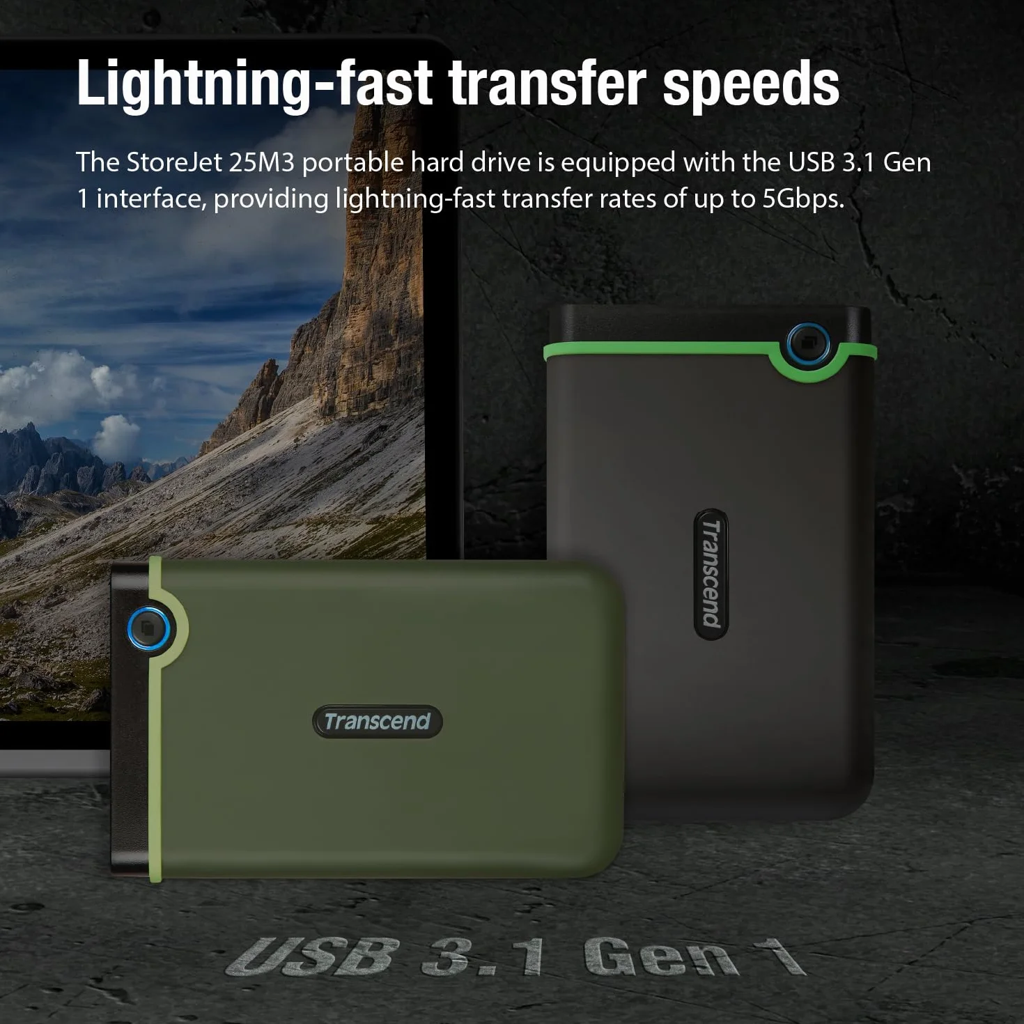 Transcend StoreJet 25M3 da 2 TB USB 3.1, disco rigido portatile robusto, resistente agli urti, compatto e leggero con velocità elevate e pulsante di backup one-touch, grigio ferro - TS2TSJ25M3