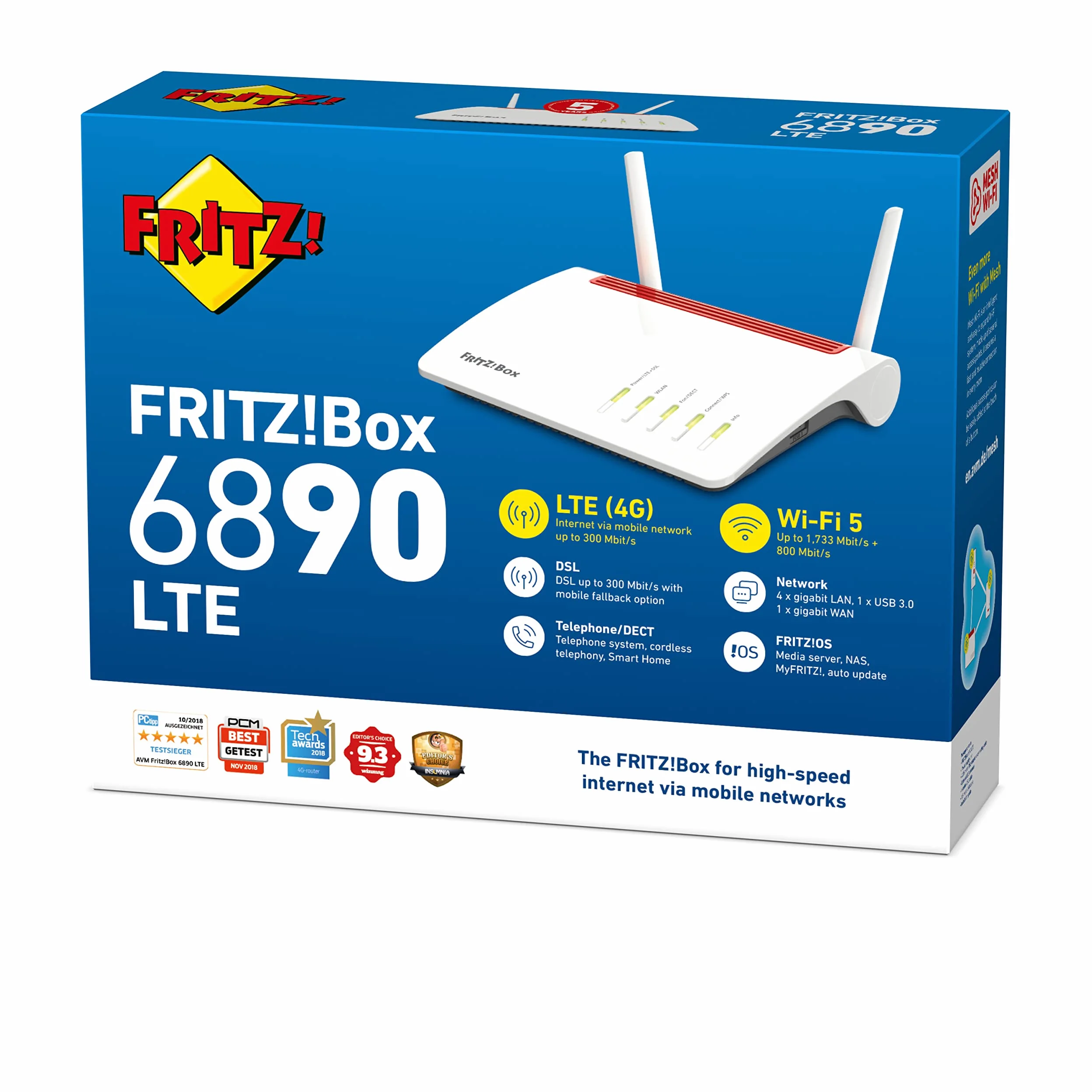 FRITZ!Box 6890 LTE & Vdsl/Adsl2 Edition International, Modem Router combo con Wi-Fi Dual Band fino a 2.533 Mbits/s, Mesh, 4x Gigabit Lan, VoIP, Base Dect, SIM Slot, Interfaccia in Italiano