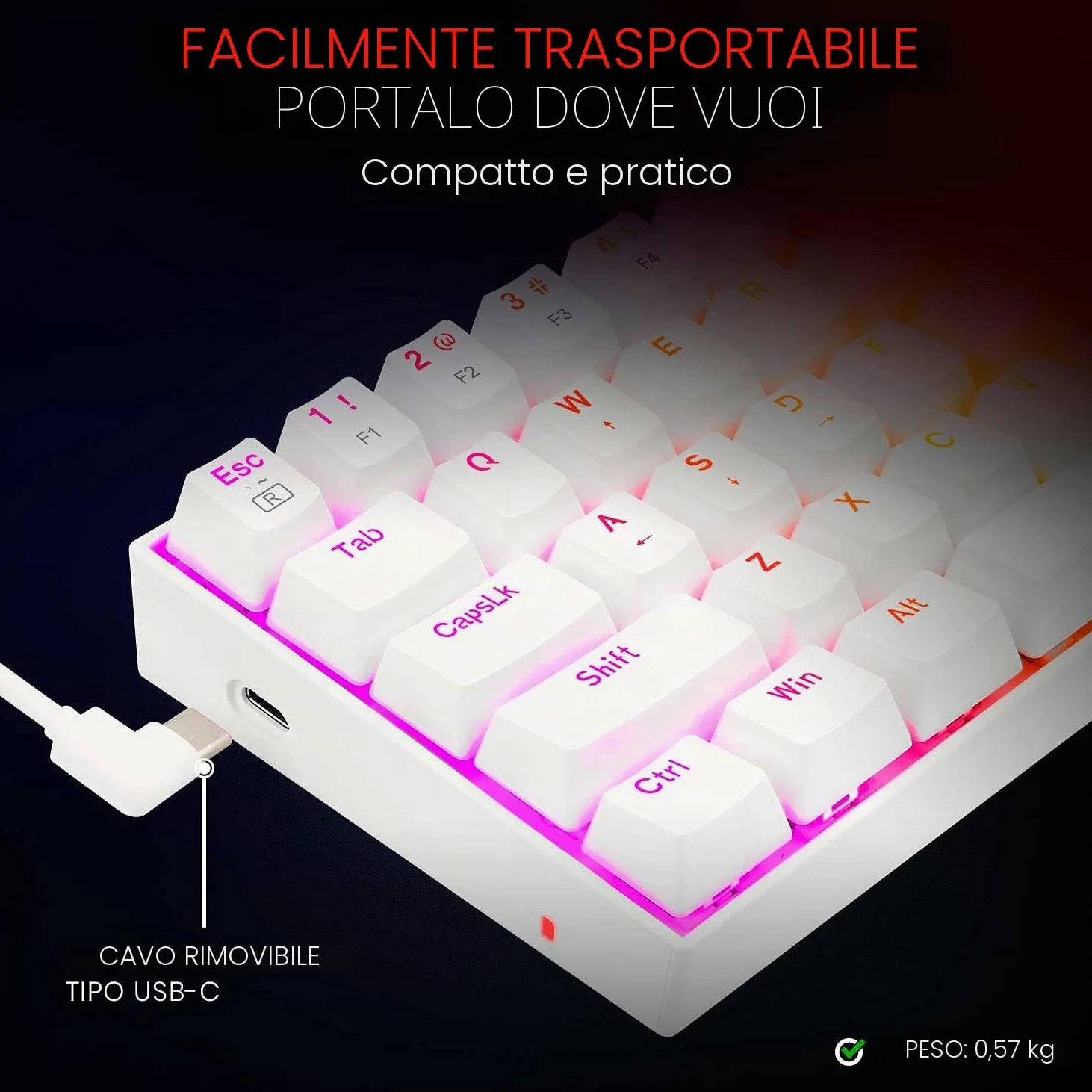 Redragon - K630 Dragonborn Bianca, Tastiera meccanica gaming 60%, compatta, 61 tasti, tastiera gamer TKL per giochi, tasti marroni, illuminazione RGB