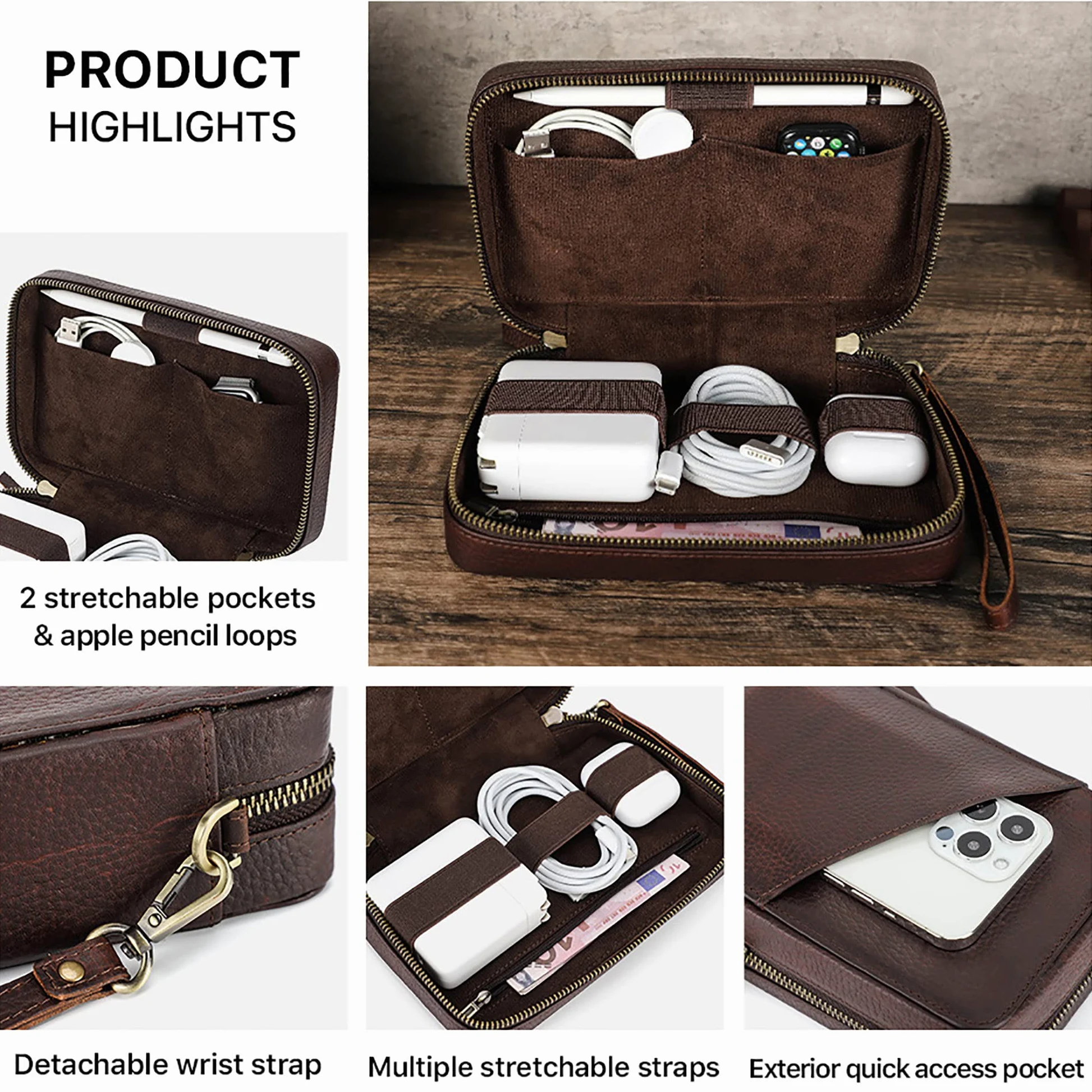 Organizer da viaggio in vera pelle per cavi USB, schede SD, caricabatterie, passaporto, contanti, telefono, orologio, penna elettronica