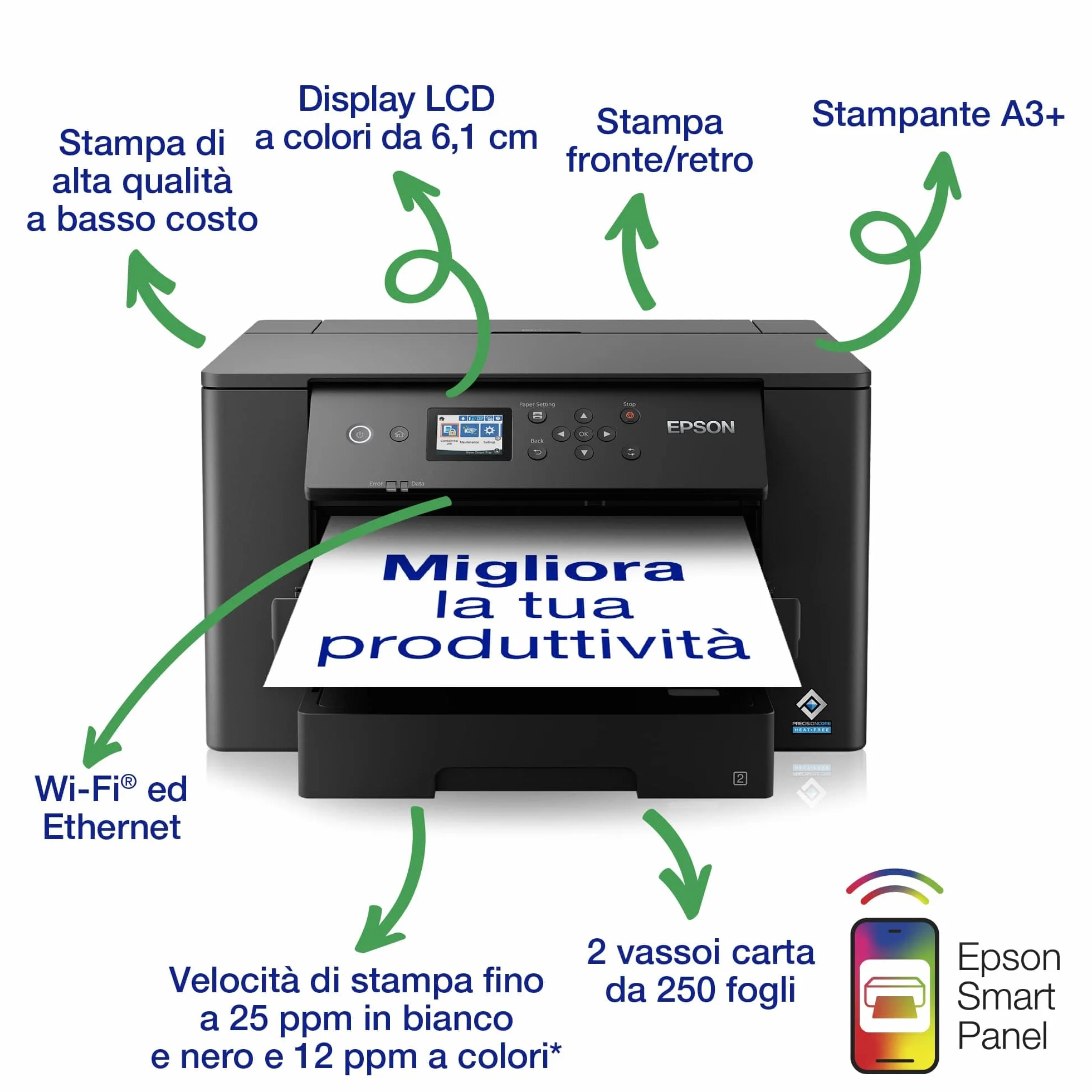 Epson Stampante WorkForce WF-7310DTW: stampante/fax fronte/retro, alimentatore di documenti, A3+, Color Inkjet, Wifi Direct, Ethernet