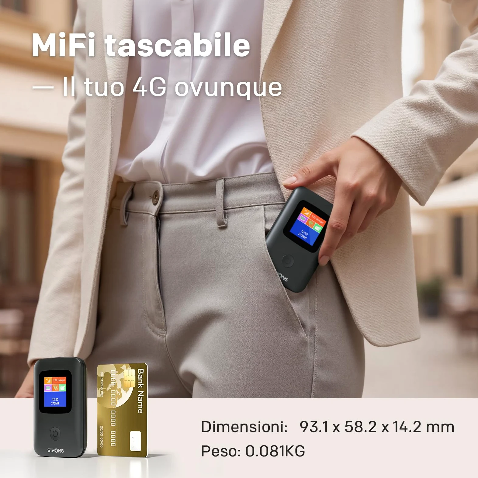 STRONG 4GMIFI150CD Saponetta WiFi con SIM, CAT4 150 Mbps | Display a Colori, Hotspot WiFi per Viaggi e Lavoro Mobile, Condivide 4G con 10 Dispositivi, Batteria 2100 mAh & USB-C