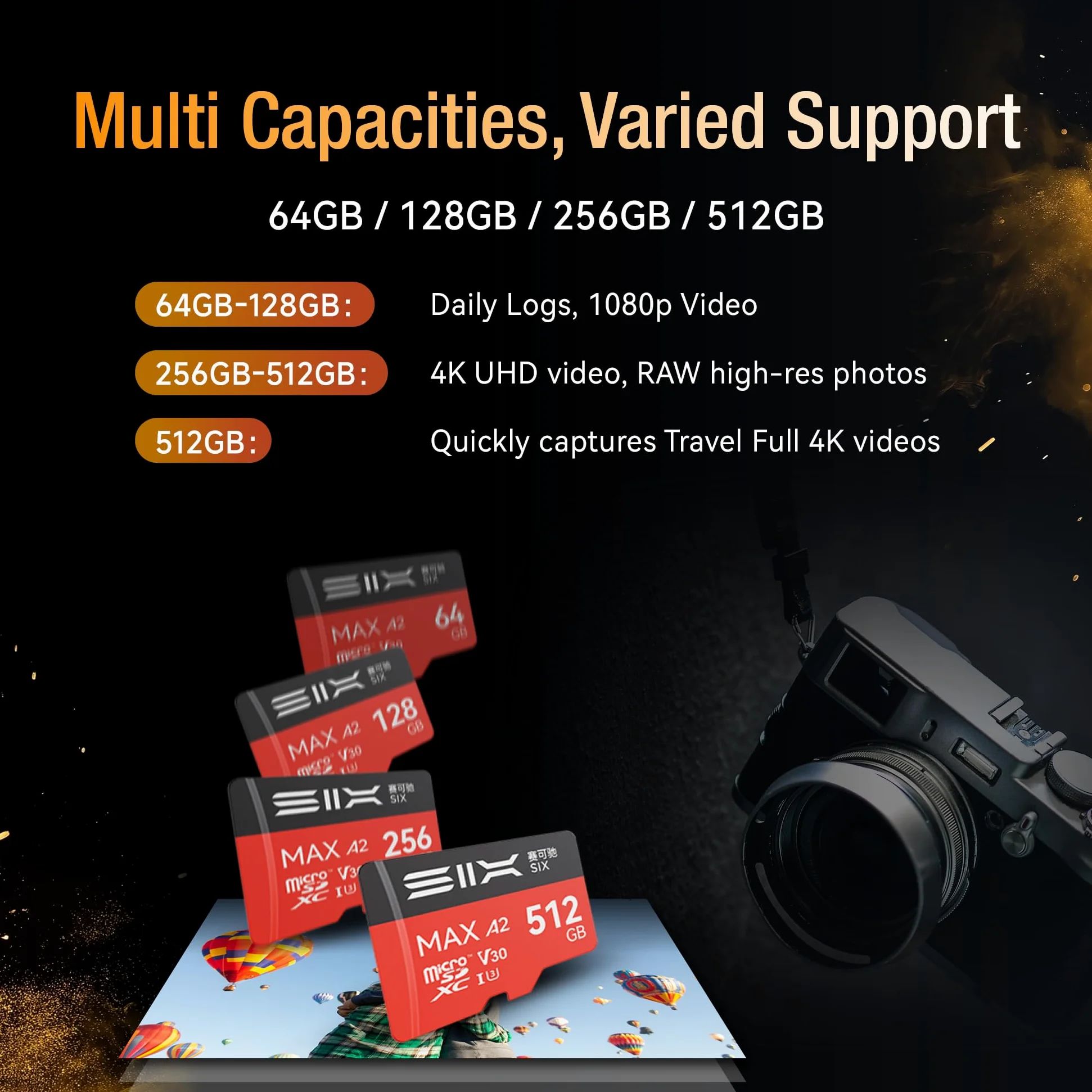 SIX Scheda micro SD M200 da 256 GB, lettura fino a 190 MB/s per registrazione continua 4K UHD, scheda di memoria microSDXC A2, U3, V30, da 256 GB, con adattatore per action camera, droni, console di