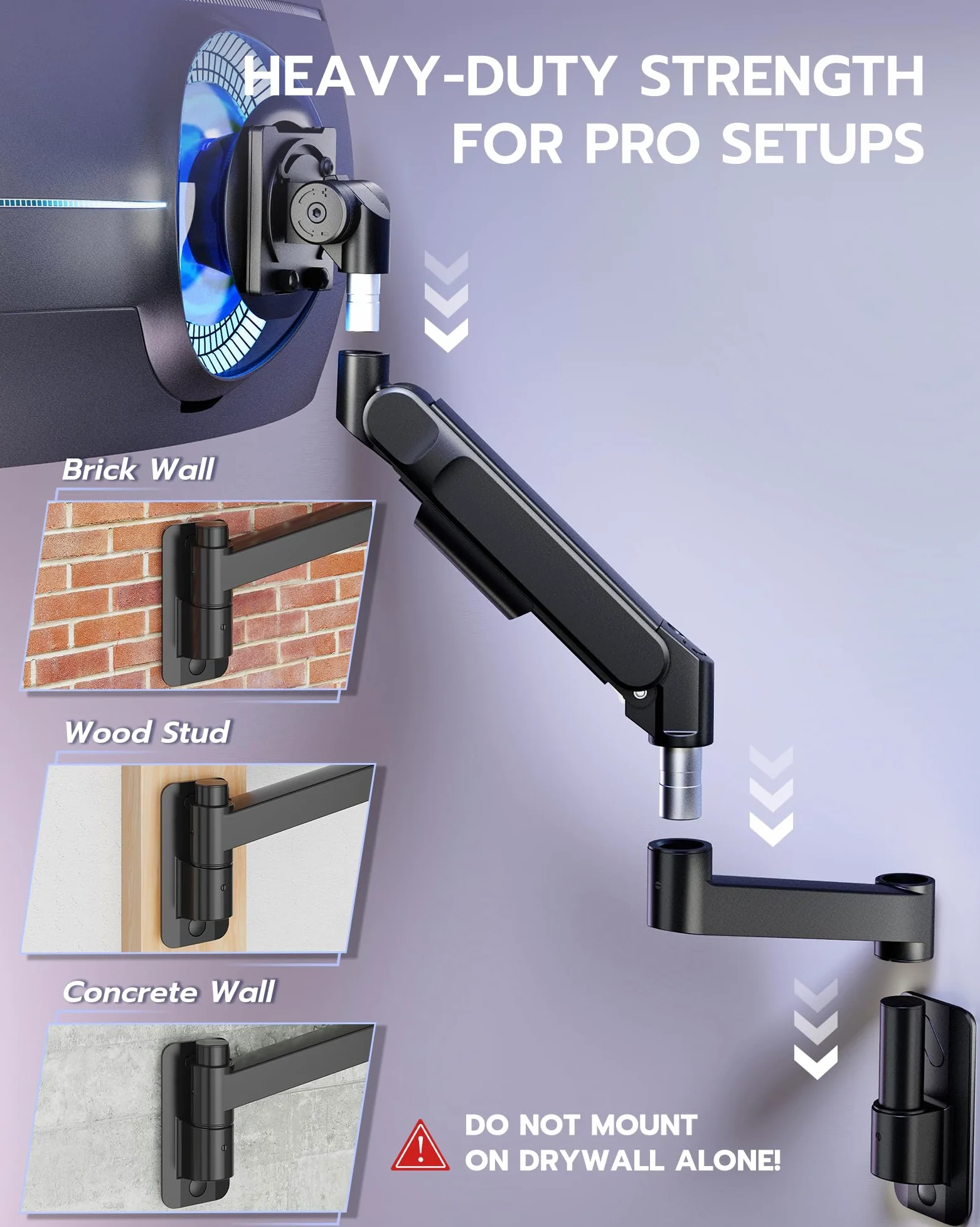 ARES WING Supporto da parete per monitor da 24 – 57 pollici, schermo LED/LCD/TV fino a 27 kg, molla a gas, supporto da parete, inclinabile, orientabile VESA 75/100, supporto per monitor per ufficio e