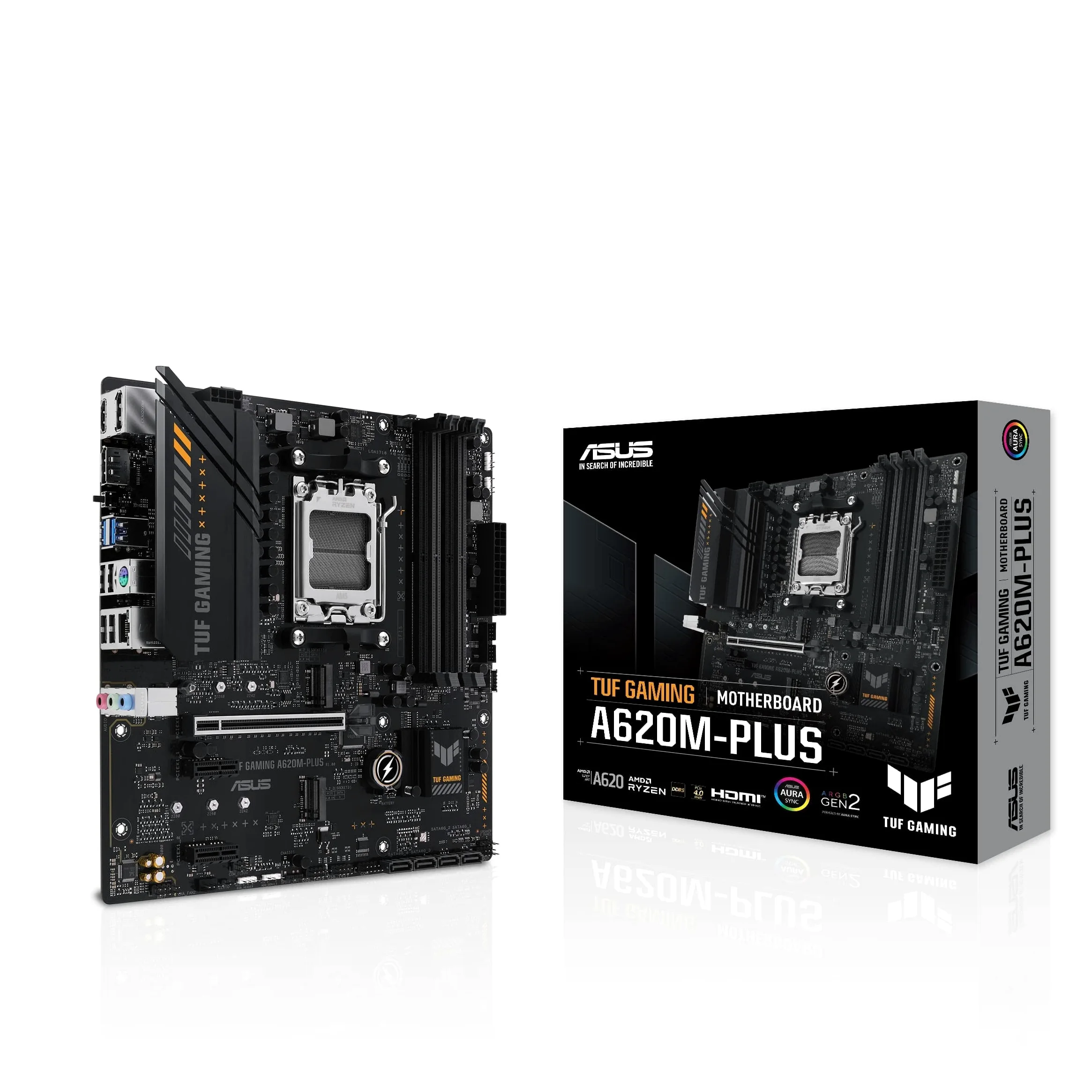 ASUS TUF GAMING A620M-PLUS Scheda madre AMD mATX, DDR5, 2 slot M.2 PCIe 4.0, Q-Latch, Ethernet Realtek 2.5Gb, 2 DisplayPort, HDMI, USB 3.2 Gen 1 Type-C, BIOS FlashBack, Cancellazione rumore, Aura Sync