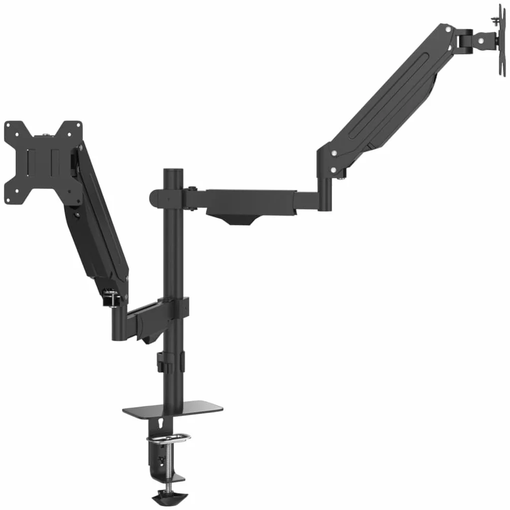 Doppio braccio monitor per max 27 pollici molla a gas 20 kg | VESA 75 x 75, 100 x 100, acciaio, morsetto a C, passacavi, rotazione a 360 gradi