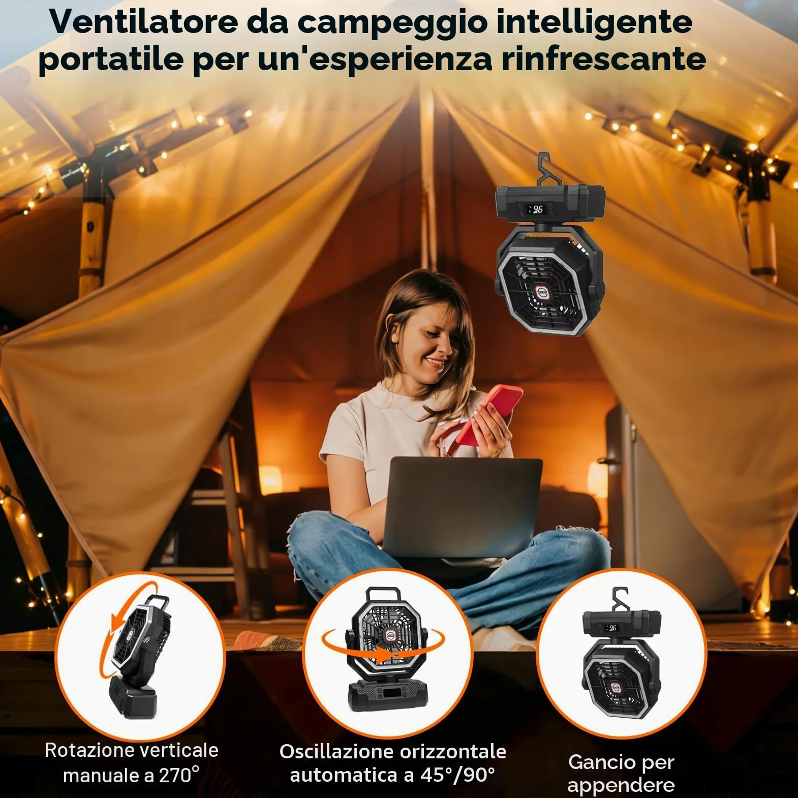 Sireck Ventilatore da campeggio da 40000 mAh, ventilatore personale portatile alimentato a batteria da 25,4 cm, con telecomando, lanterna LED, 5 velocità, timer, display digitale, ventilatore da