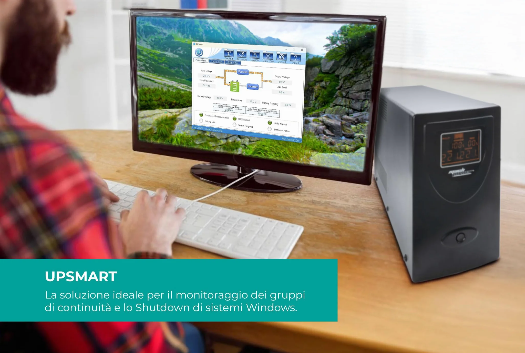 Gruppo di continuità line interactive 2000VA/1200W, stabilizzatore AVR, 2 batterie 12V/9Ah, 2 uscite Schuko/Ita, 1 Porta USB, display LCD, struttura in metallo UPS-LIT20MD (2000VA/1200W)