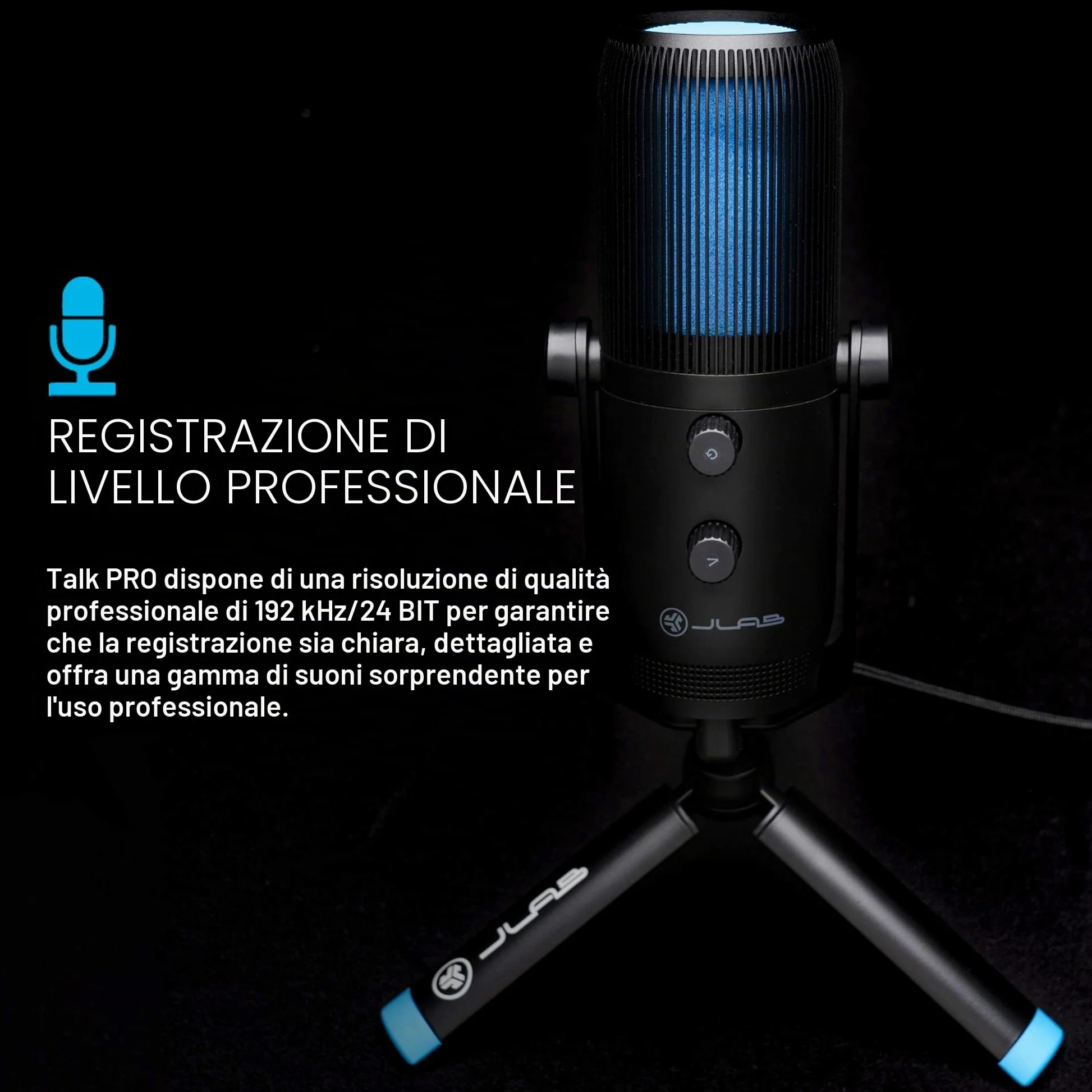 JLab Audio Talk PRO Microfono USB Plug and Play, Microfono per PC Portatile con Controllo Volume e Quick Mute - Microfono a Condensatore Professionale per Streaming, Podcasting e Gaming