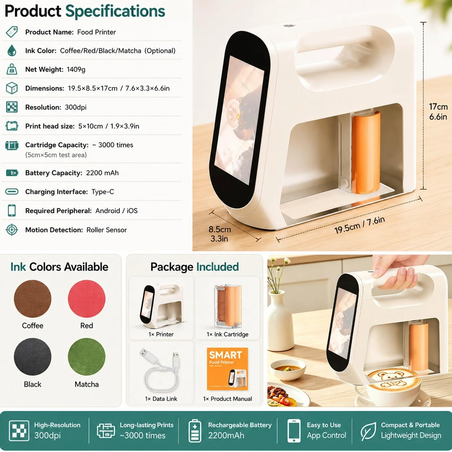 Stampante Alimentare Portatile per Torte e Biscotti, Stampante Foto Edibile con Inchiostro, Mini Macchina Caffè Latte Art per Pasticceria e Bevande(Black)