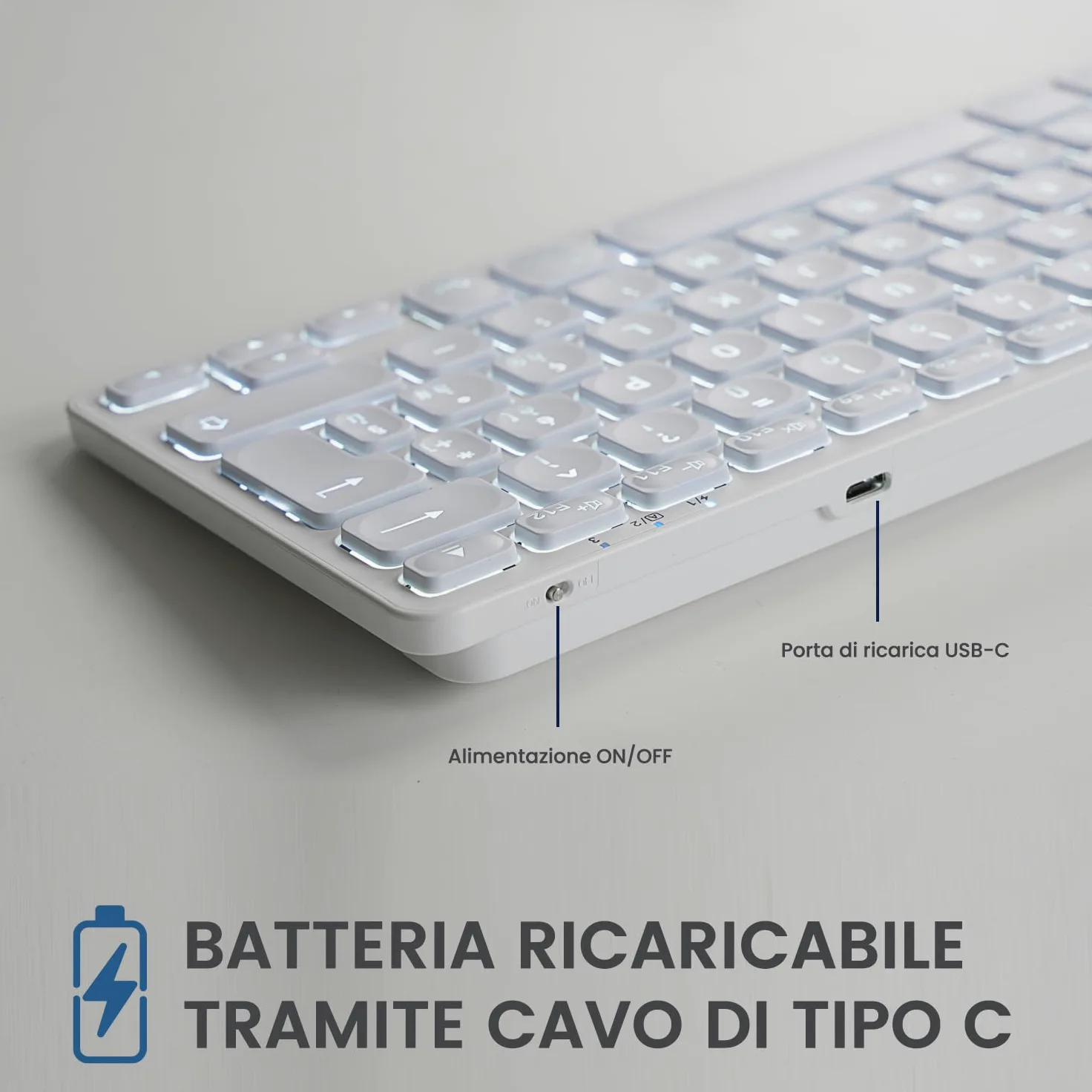 Perixx PERIBOARD-832M Tastiera Wireless Mini Retroilluminata, Bluetooth 5.1, Tasti a Forbice, Ricarica USB-C, Compatibile con macOS 11.2.1+, Layout Italiano QWERTY, Bianco
