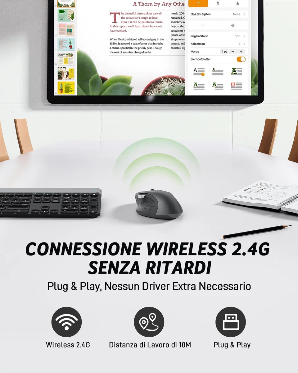 Acer Mouse Senza Fili, Mouse Wireless USB 2,4 GHz, Mouse Computer Ergonomico Con Mini Ricevitore USB, 6 Pulsanti, 1600 DPI, Compatibile con Laptop, PC, Mac, Chromebook