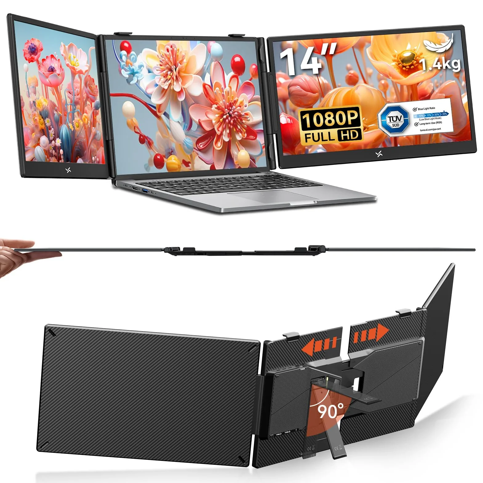 PX5 Pro Triplo Monitor Portatile per Laptop 14" FHD IPS 300 nit, Schermo Esterno USB-C Plug & Play Senza Magneti, Secondo Schermo per Smart Working, Viaggio e Ufficio