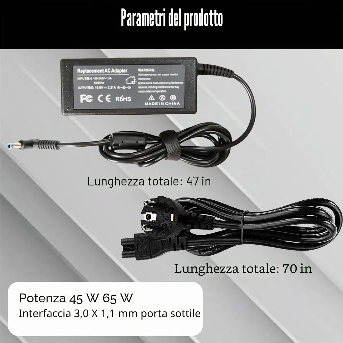 Cavo di Ricarica per PC Portatile HP, Caricatore per PC Portatile 45 W 19,5 V 2,31 A, Adattatore di Alimentazione per Caricatori di Alimentazione a Batteria a Corrente Alternata HP