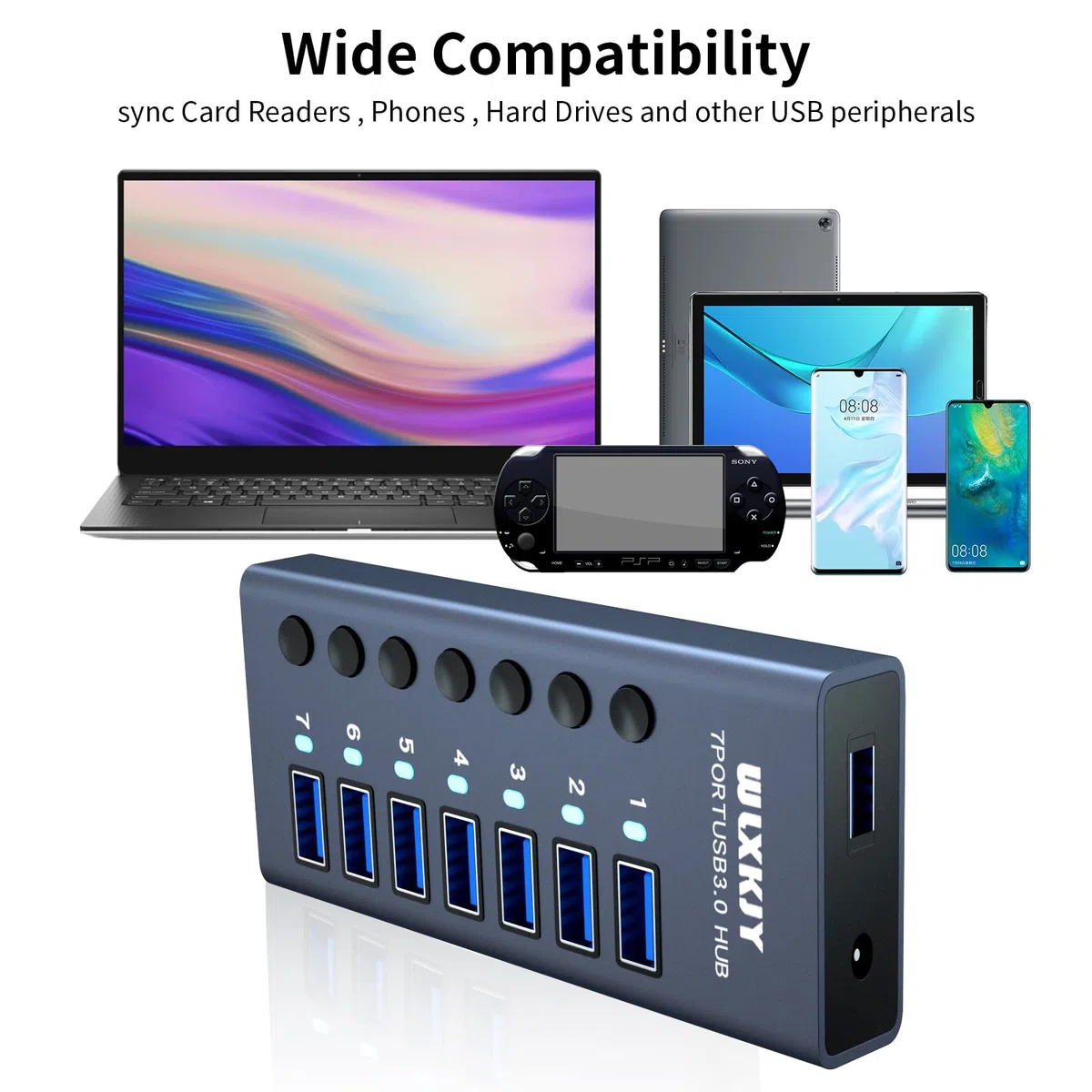 Hub USB 3.0 in alluminio, hub USB attivo - 7 porte USB 3.0 SuperSpeed, interruttori individuali e alimentatore da 36 W (12 V/3 A) per MacBook/MacBook Air/MacBook PRO